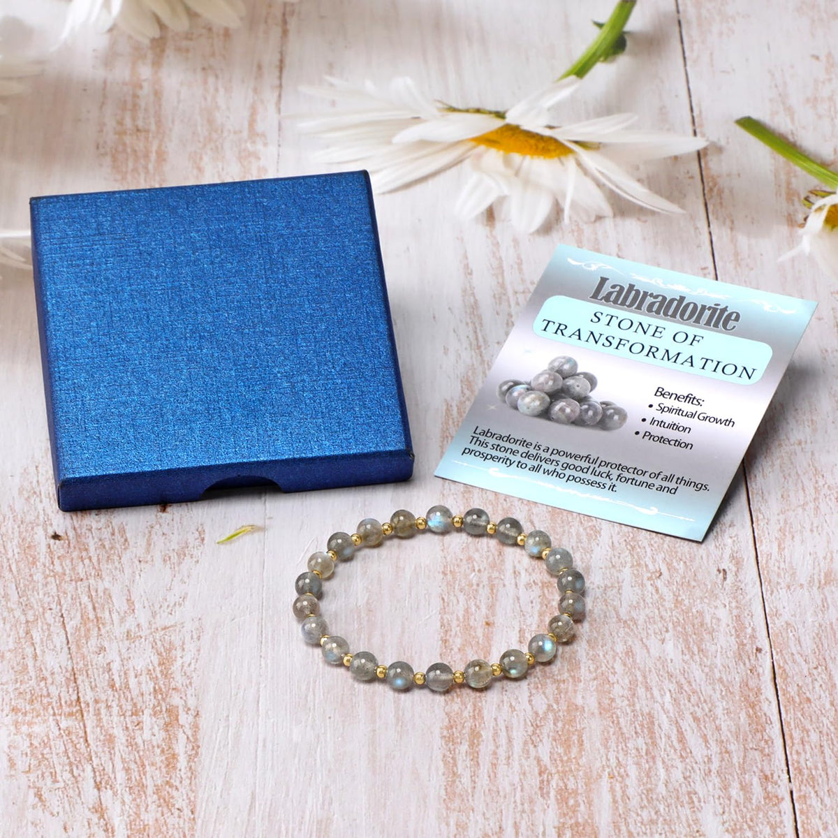 QOGIR Labradorite - Stone of Transformation - 14K Gold Plated Beads Natural Gemstone Stretch Elastic Dainty Healing Beaded Bracelets Gifts 6mm