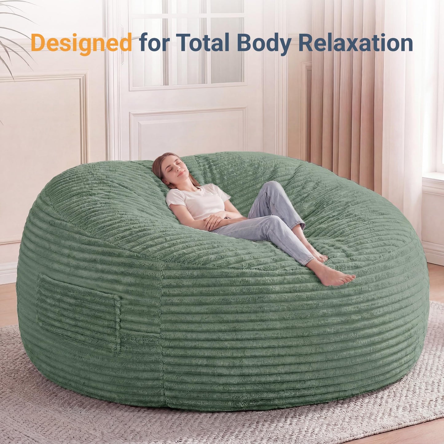 Claiks 8 Ft Giant Foam Bean Bag Chair, Oversized Couch with Removable Cover, Soft Plush Bean Bag Chairs for Adults and for Kids Teens Adults in Living Room, Green