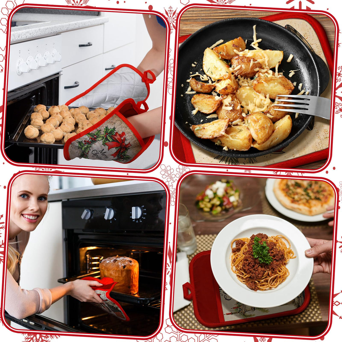 Jingmore 12 Pcs Christmas Pot Holders with Pocket Xmas Retro Pot Holders for Kitchen Winter Hot Pads Oven Mitts Cookie Bag Cute Heat Resistant Farmhouse Oven Gloves Baking Cooking
