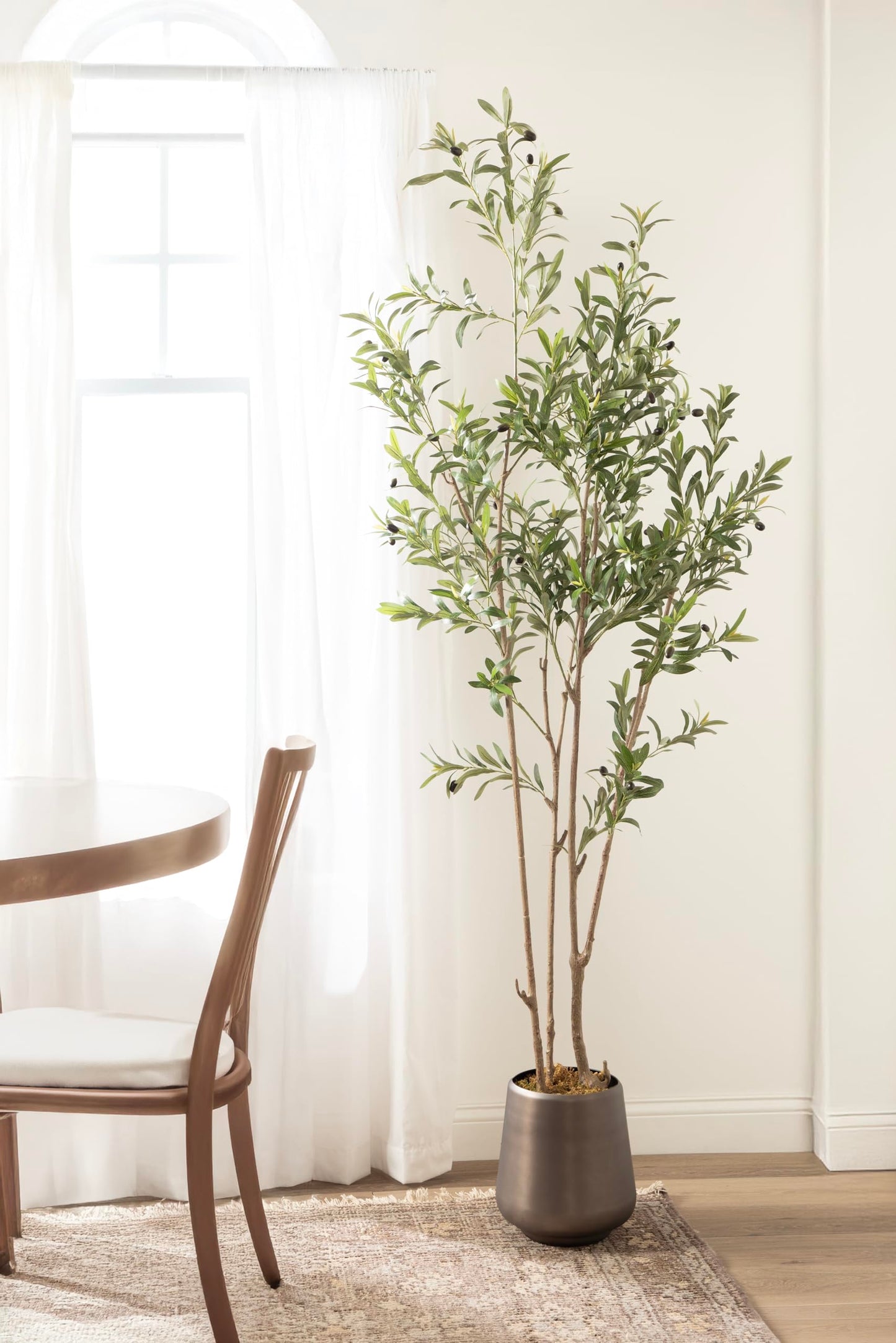 Kate and Laurel Oliveira Faux Olive Tree with Portell Metal Planter Pot, 7 FT, Gunmetal, Potted Artificial Olive Plant Tree with Realistic Foliage and Added Moss, Fake Plant Living Room Decor