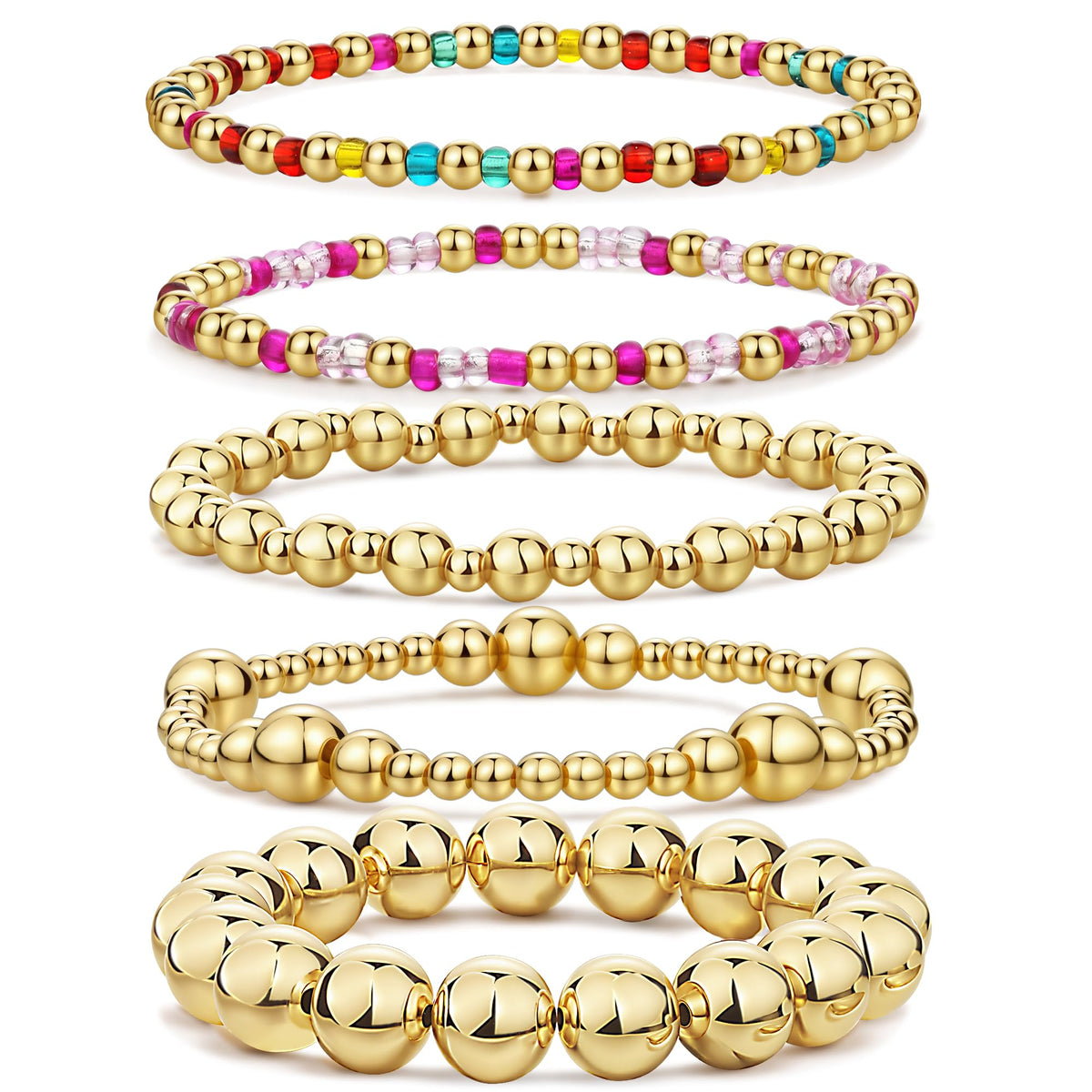 Qiuseadu Chunky Gold Beaded Stack Bracelets Beads Ball Cross Colorful Statement Bracelets Set for Women (Pink Bead Edition)