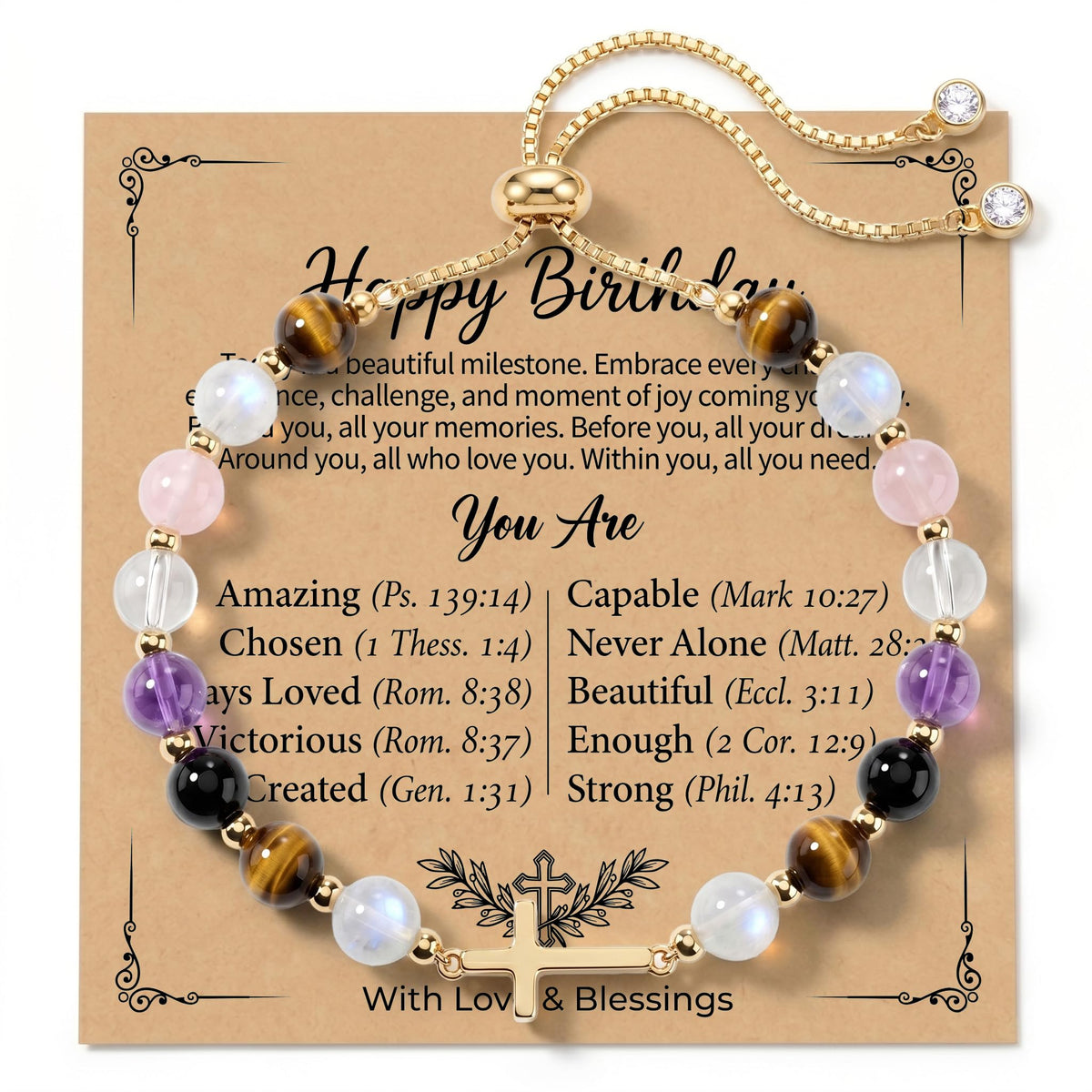 Aghfacy Christian Gifts for Women Birthday Cross Bracelet Natural Gemstone Crystal Bracelet Gold Cross Charm 60th Birthday Gifts for Women Adjustable with Message Card