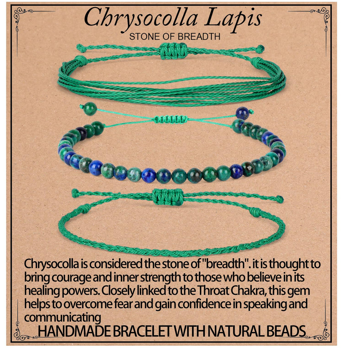 QOGIR Handmade Healing Stones Bracelets, 4mm Natural Chrysocolla Lapis Beaded Bracelets for Men Women Gifts with 2PCS Size Adjustable Rope Bracelets