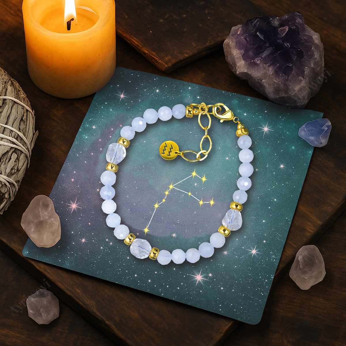 Ayriwoyi Aquarius Zodiac Bracelet Aquamarine Clear Quartz Crystal Healing Beads Bracelet 12 Constellations Bracelets Adjustable Astrology Jewelry Gift Women