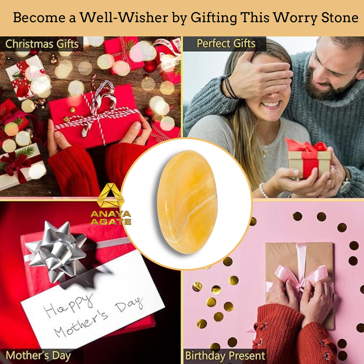 Anaya Agate Yellow Calcite Worry Stones Certified Crystal Thumb Worry Stone for Anguish, Relaxing and Soothing Balance Stones for Meditation, Stress Relief Crystals and Healing Stones for Men, Women