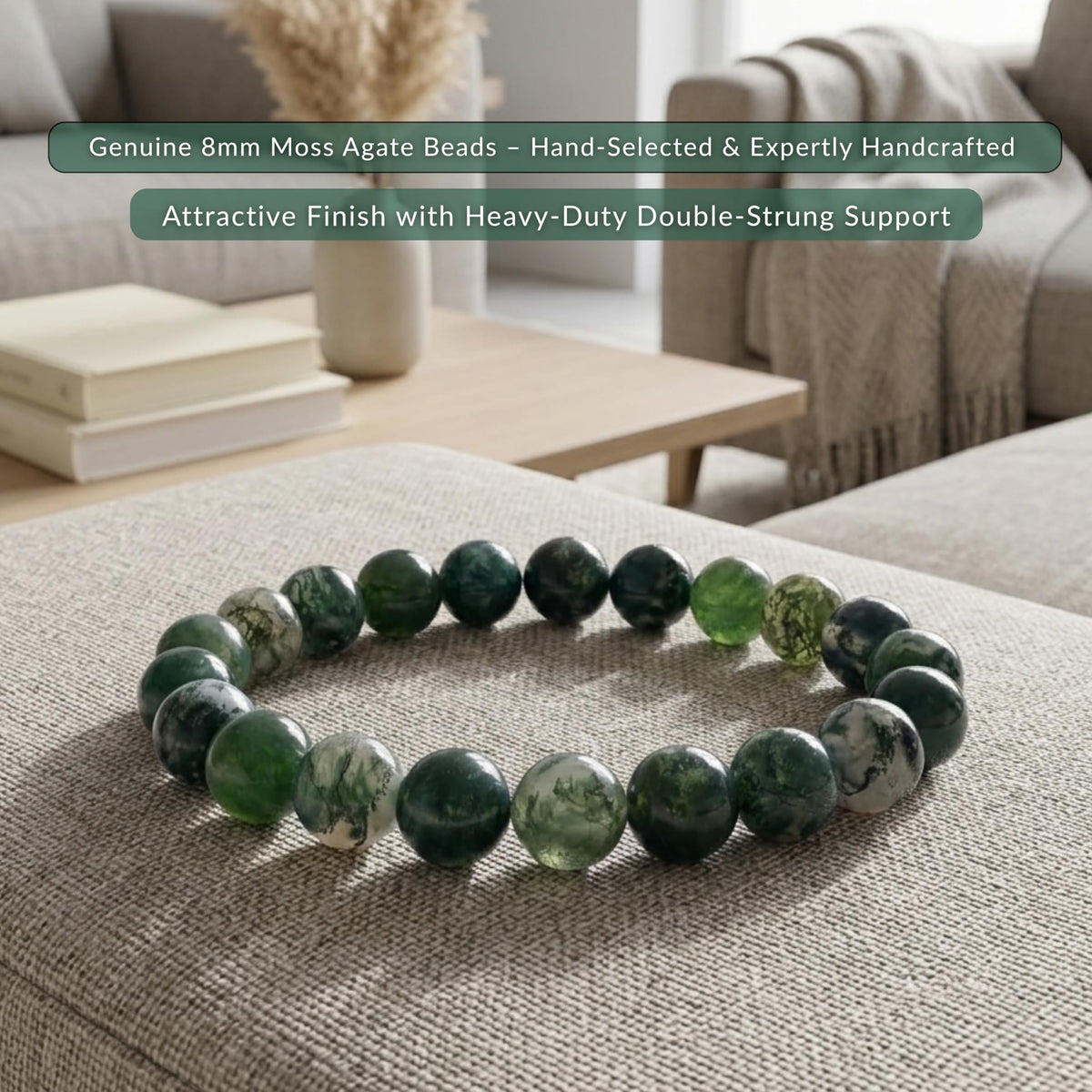 Cherry Tree Collection Moss Agate Beaded Bracelet – Genuine 8mm Gemstone Stretch Bracelet for Men & Women – Handmade Crystal Bracelet - (Moss Agate - S)