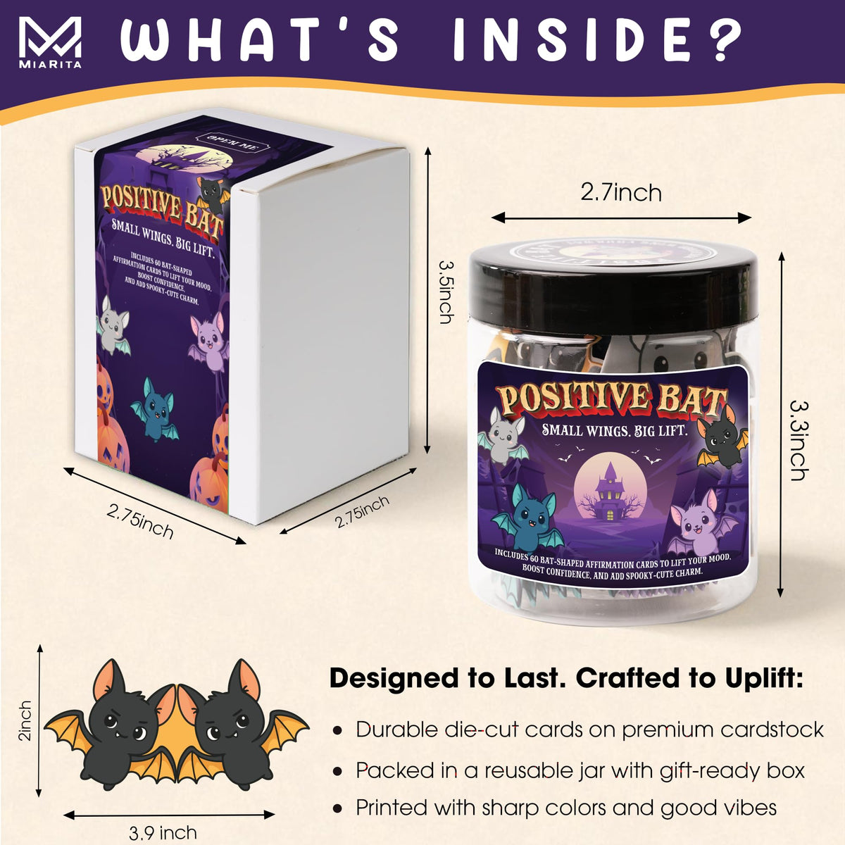 Positive Bat Jar, 60 Bat-Shaped Affirmation Cards, Cute Spooky Self Care, for Women & Teens, Halloween Basket Stuffers for Adults, Boo Basket Stuffers for Women