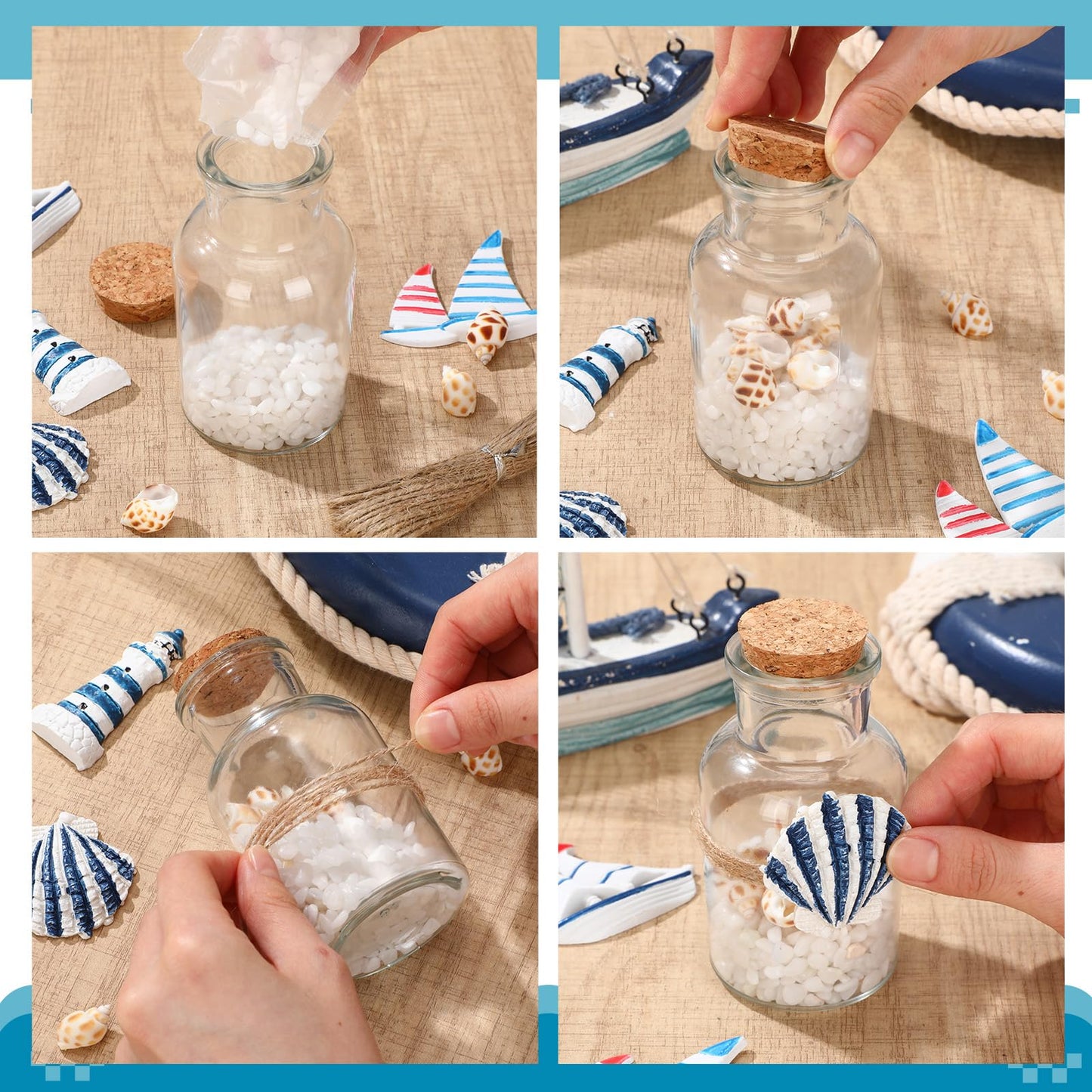 Gandeer 6 Pack Beach Glass Bottles with Cork Honeymoon Sand Jar White Sand Rocks Natural Sea Shells for Coastal Beach Room Decor Home Tabletop Summer Decorations Bridal Shower Gifts