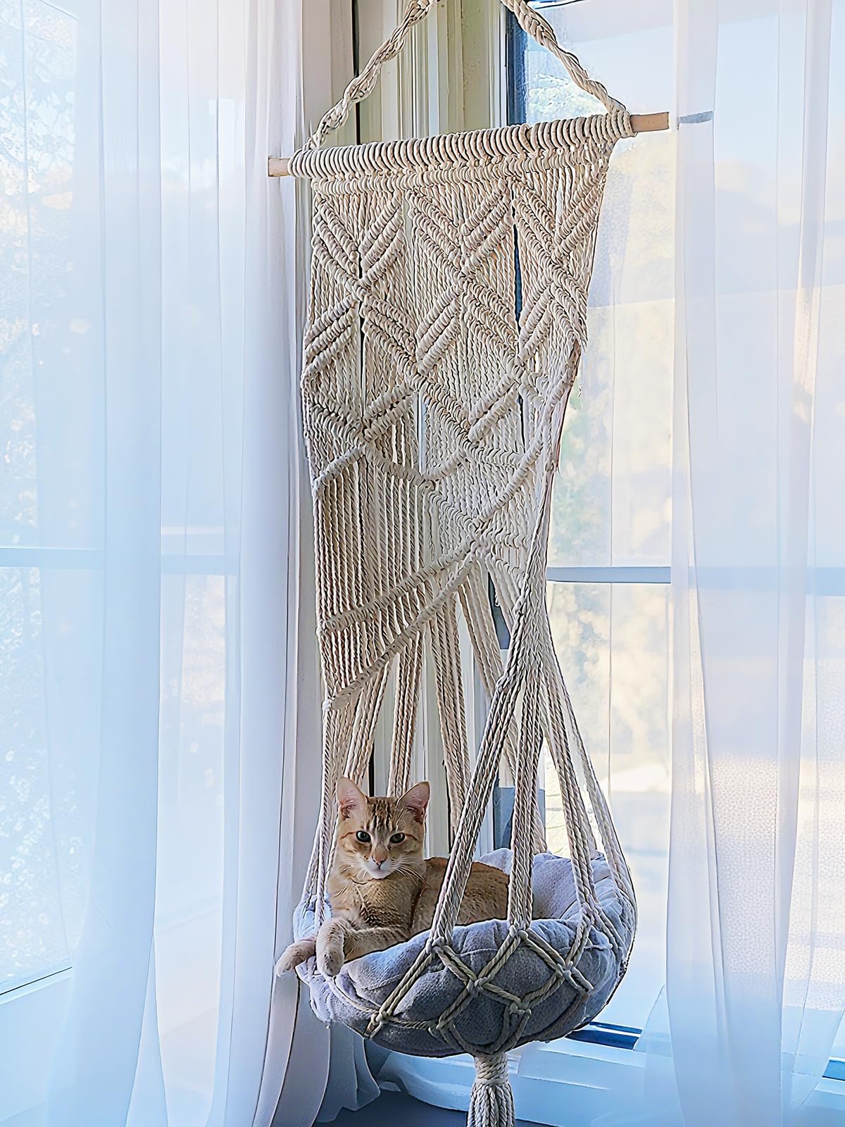 KARCEEY Macrame Cat Hammock Hanging Bed - Boho Wall Swing with Catnip Cushion for Wall Climber & Window Perch - Hardware Kit Included