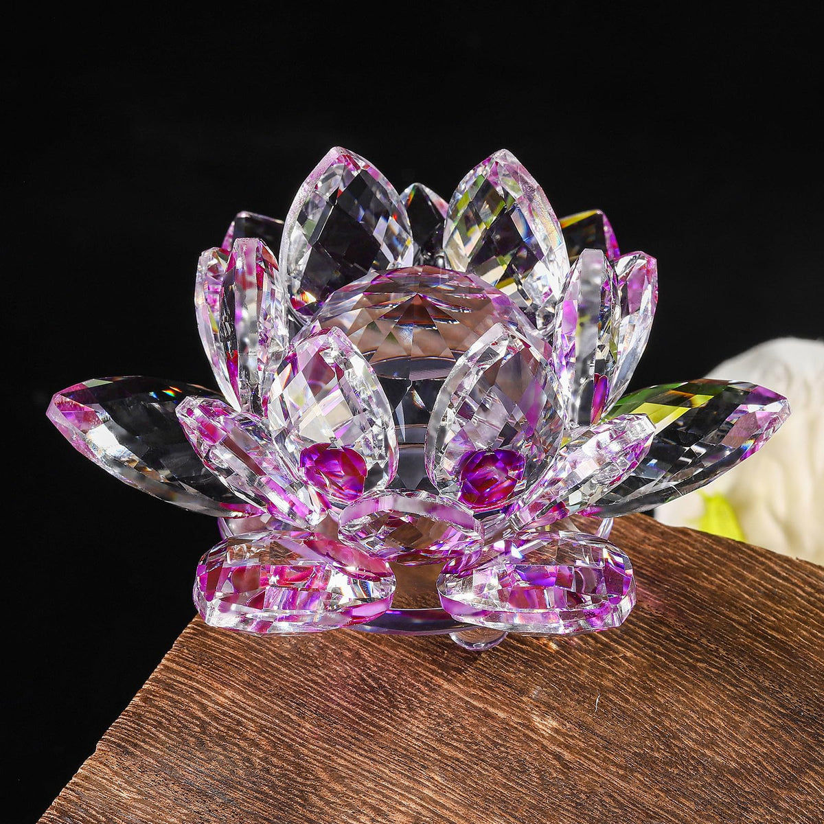 TENGFENG Sparkle Crystal Lotus Flower - 4'' Hue Reflection Clear Crystal Lotus for Feng Shui Home Decor Sun Catcher Ornaments or Paper Weight with Gift Box (100MM) Transparent Purple