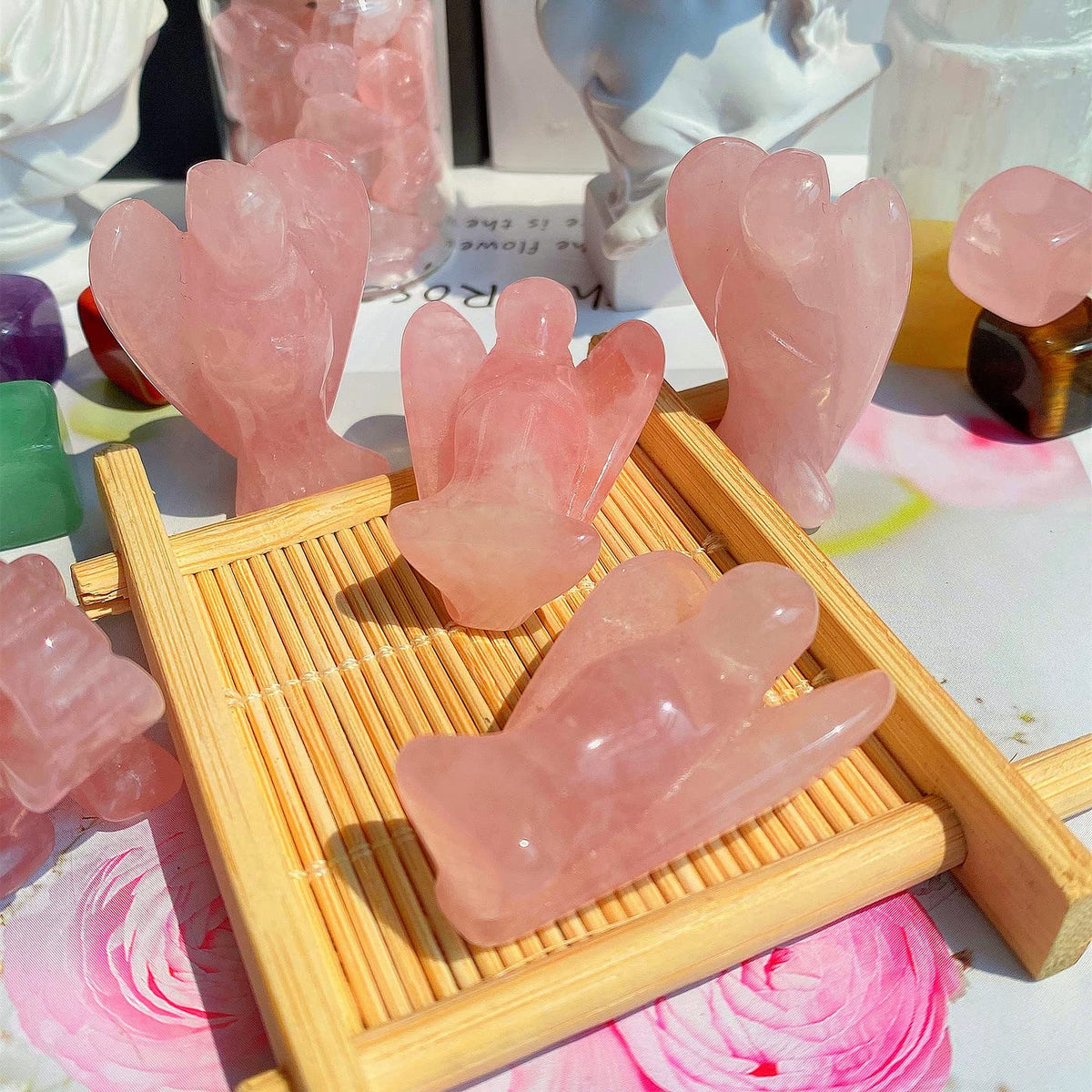 QINJIEJIE Rose Quartz Angel Crystals Healing Stones Guardian Angel Crystal Statue Pocket Peace Decor Polished Pink Cute Carved Figurine Gemstone Spiritual Gift for Women Men Love Stocking Stuffers