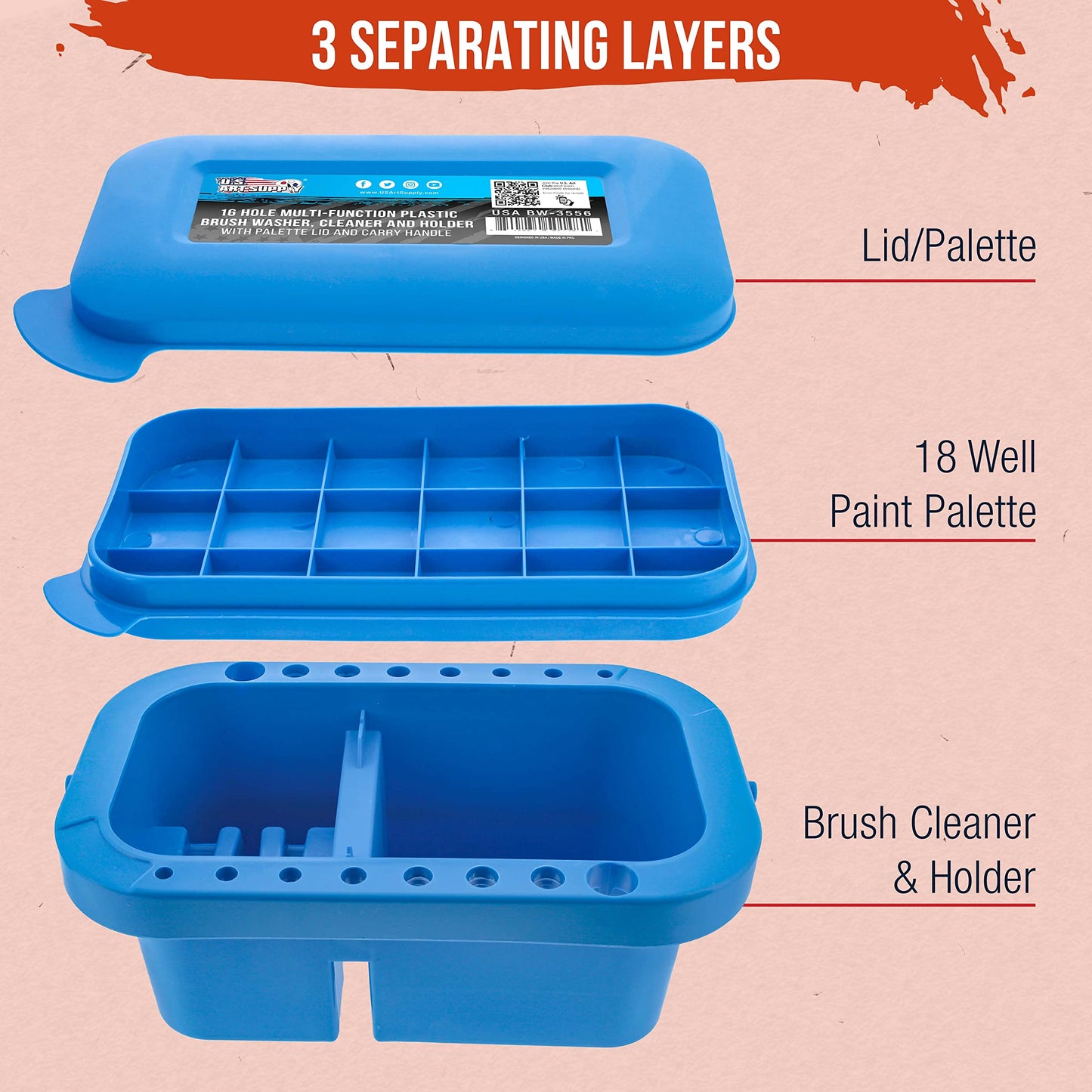 U.S. Art Supply 16-Hole Plastic Paint Brush Cleaner Washer & Paint Brush Holder with Palette Lid for Acrylic, Watercolor & Oil Paints
