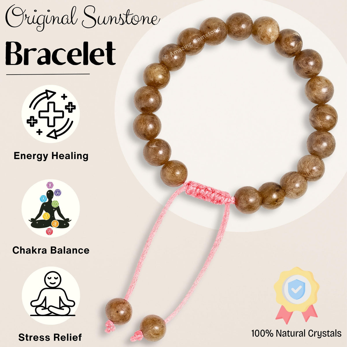 Amazing Gemstone Original Sunstone Bracelet for Women Men's Gifts - Protection Healing Crystal Bracelet - 8mm Beaded Adjustable Bracelet Pulseras Para Hombres Mujer Stocking Stuffers