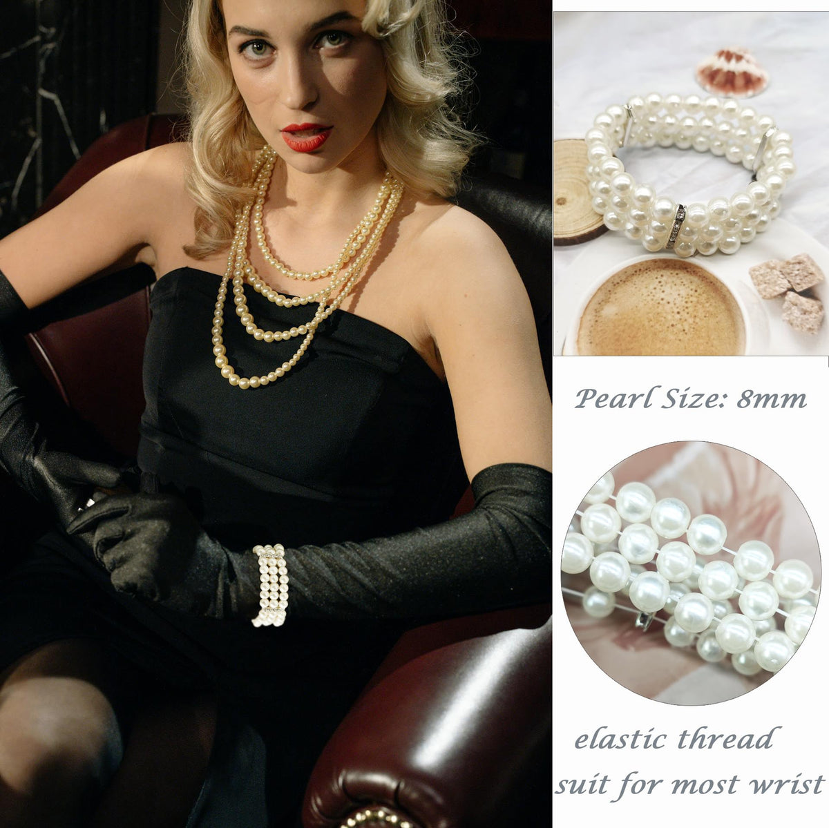 MONAZEO 2-8Pcs Vintage Pearl Bracelet 3-Row Pearl Stretch Bracelet Multi-Layered Elastic Bangle Bridal Wedding Jewelry 1920s Flapper Costume Accessories for Women