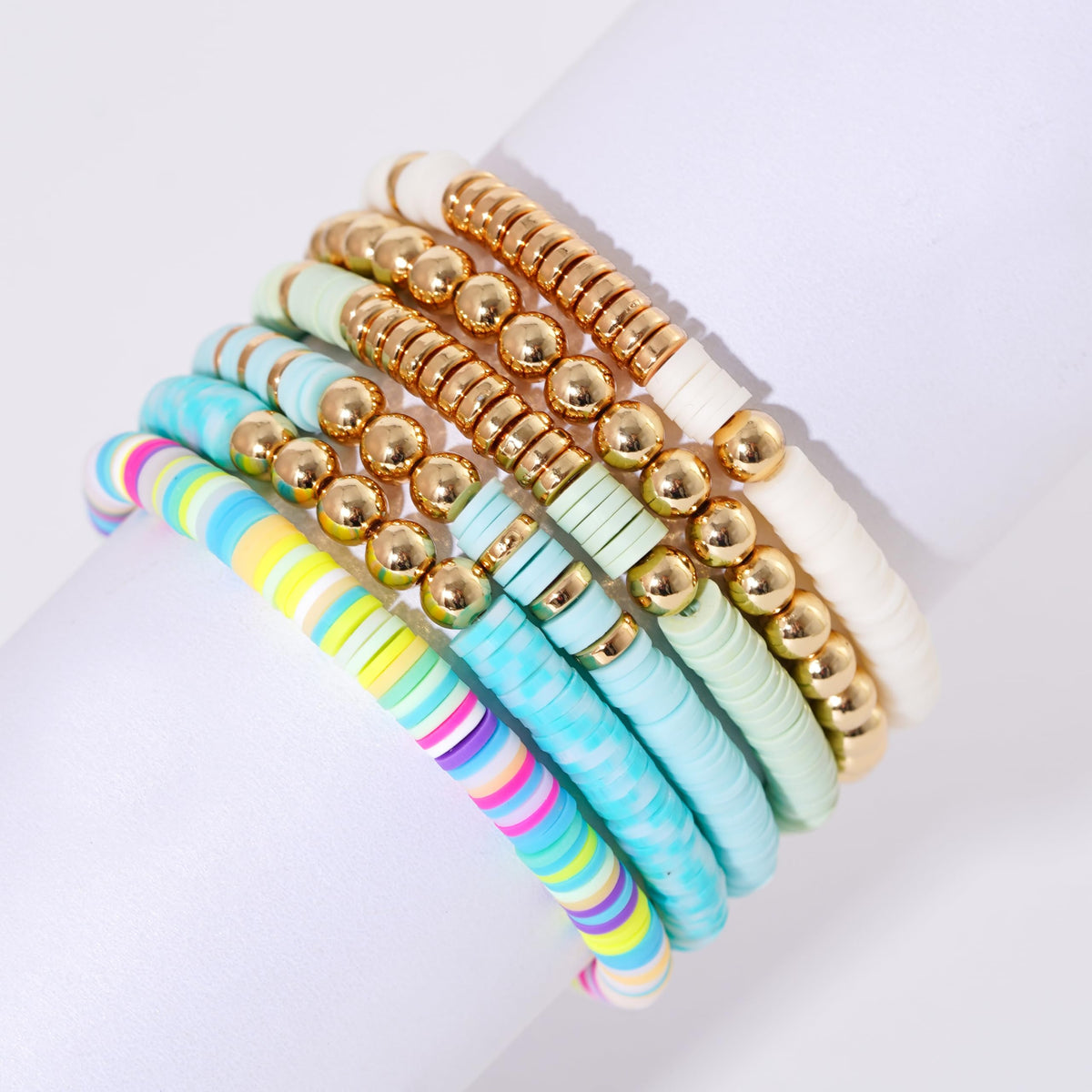 GOOJIDS Surfer Heishi Clay Bead Bracelets for Women Bohemian Stackable Gold Plated Beaded Stretch Bracelets Elastic Layering Friendship Bracelets Set Boho Jewelry
