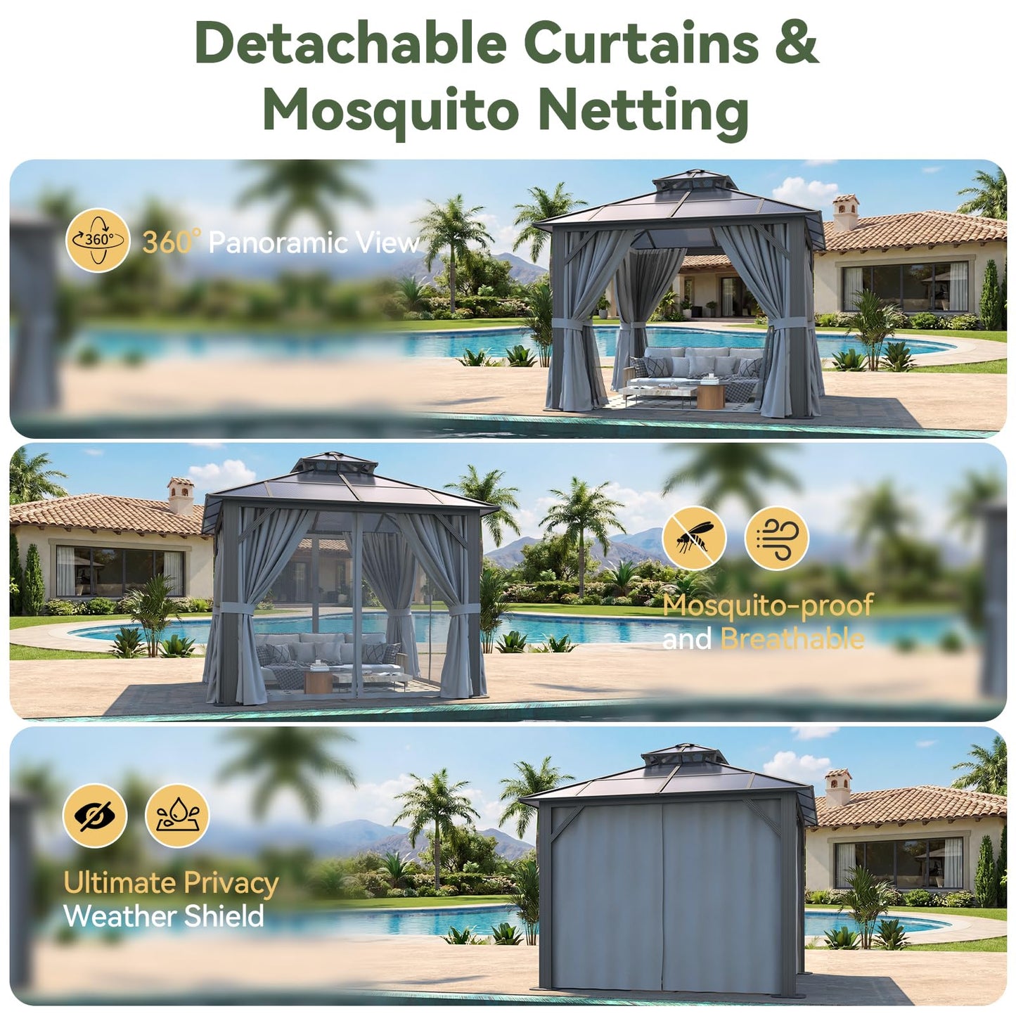 Breezestival 10’x10’ Hardtop Gazebo with Double Polycarbonate Roof Outdoor Metal Gazebo Sturdy Aluminum Frame & Removable Curtains, Netting Permanent Pavilion Pergola for Garden,Patio,Lawn (Gray)