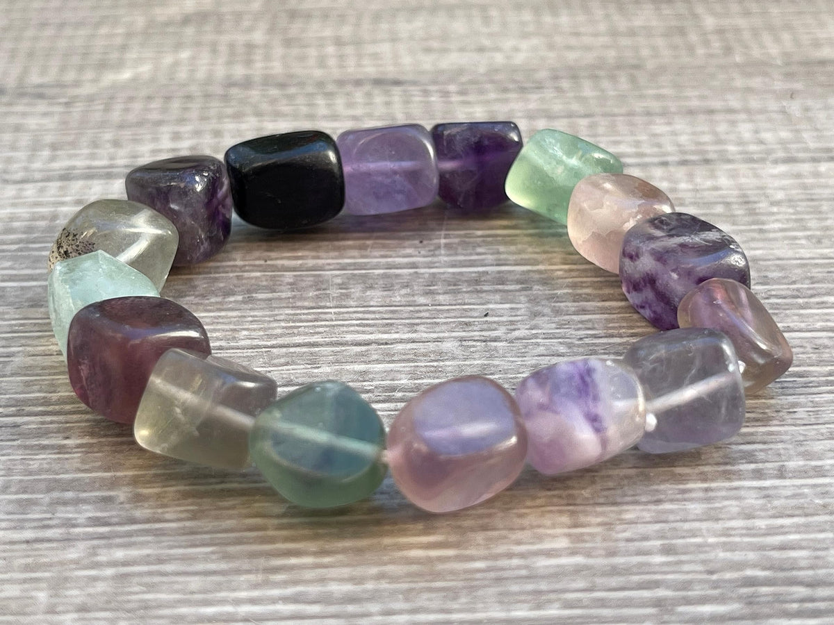 GAF TREASURES Rainbow Fluorite Crystal Nugget Bracelet, Genuine Rainbow Fluorite Tumbled Gemstone Bracelet, Healing Crystal Bracelet, Gift for Men & Women (1)