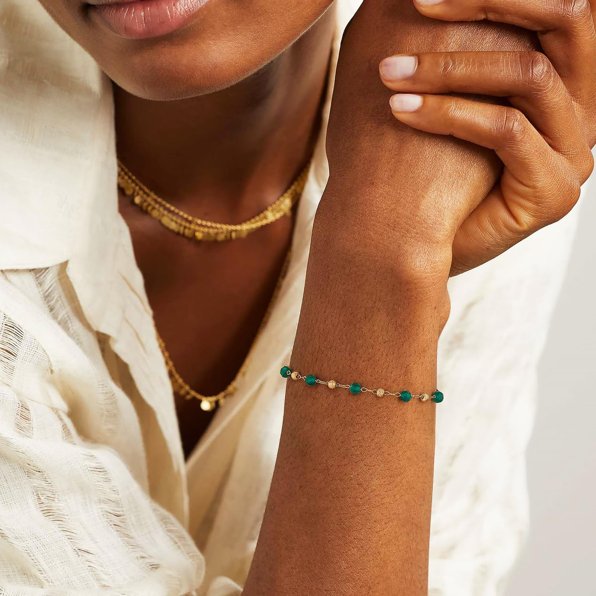 MEVECCO Gold Bracelet for Women 18K Gold Plated Green Agate Stone Custom Handmade Mixed Beads Charm Chain Bracelet Stack Jewelry Gifts