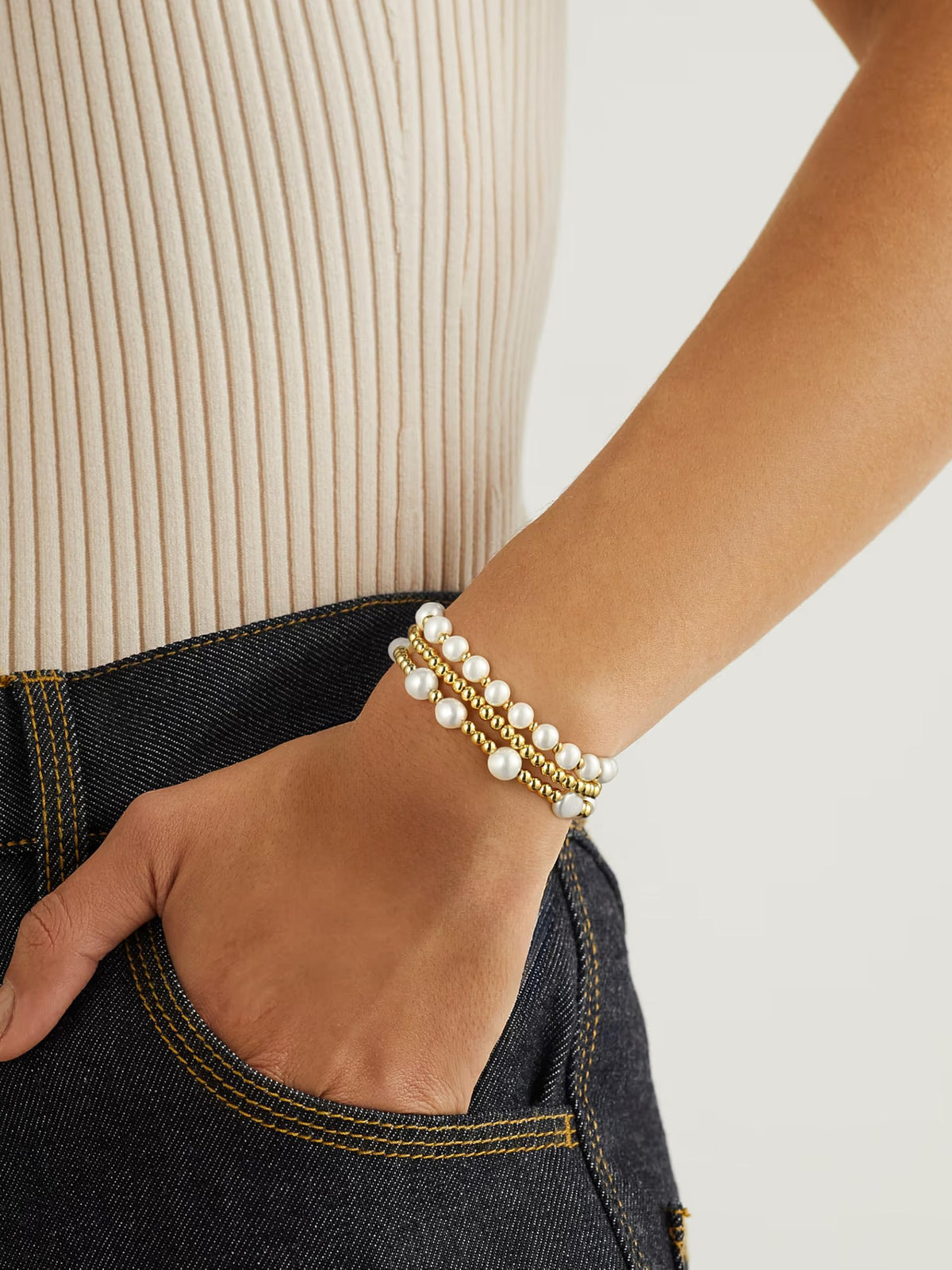 Gold Pearl Bracelets for Women Baroque Beaded Stackable14K Gold Plated Stretch Bead Ball Bracelet Jewelry Gifts （3PCS)