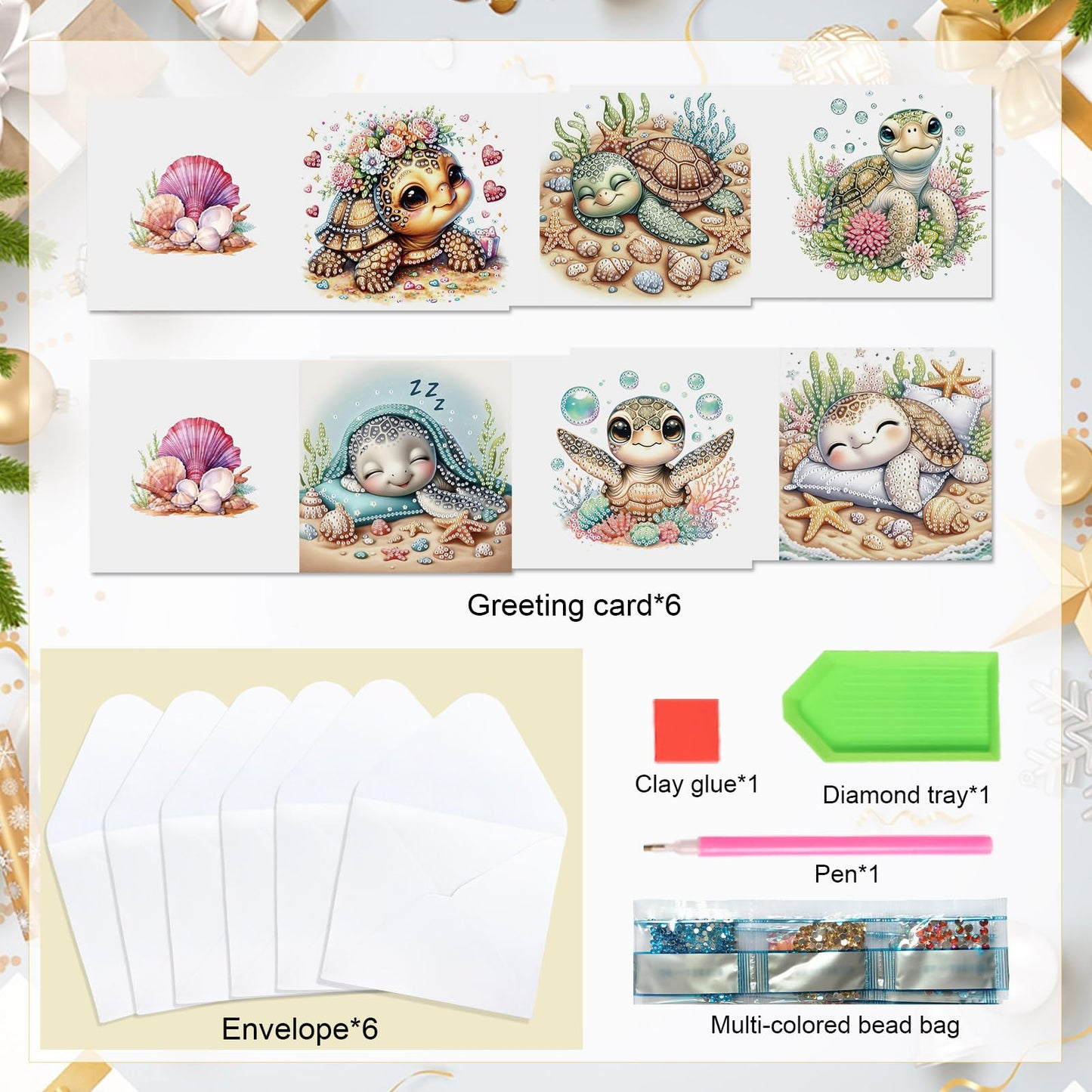 antor 6 pcs Diamond Art Painting Greeting Card Kits, Animal Cute Turtle Design Irregular Shapes Diamond Art Fine Glitter Greeting Cards with Envelopes, Clay Glue, Pen, and Bead Bag for Creative Gifts