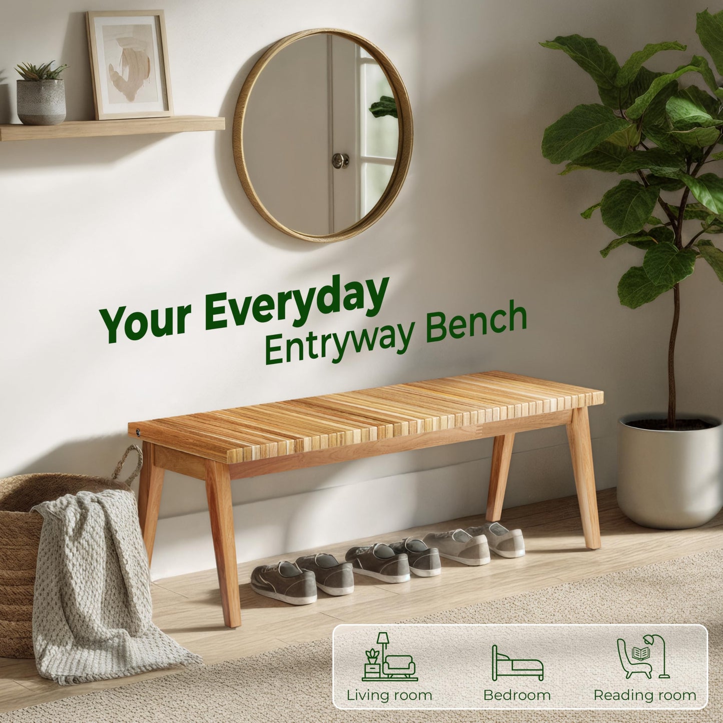 Melino Wooden Bench Outdoor 47" Convertible Acacia Wood Bench, Solid Wood Indoor Patio Benches for Outdoors, 3 in 1 Garden Bench for Porch Entryway Living Room Backyard Deck, Natural