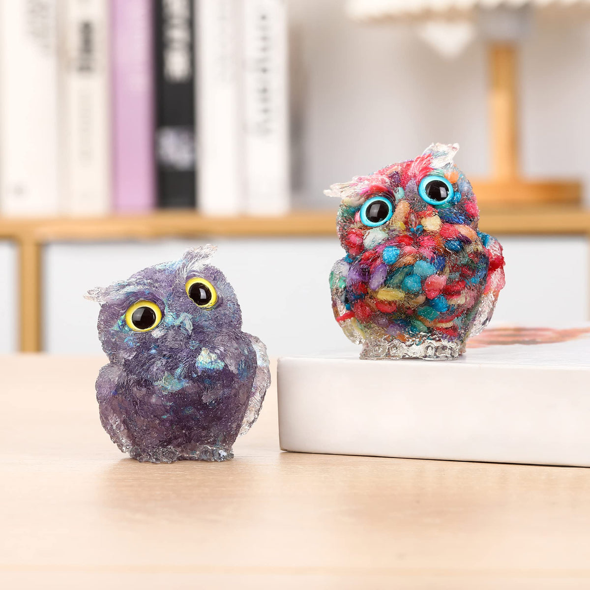Reyife Hand-Carved Natural Crystal Owl Statue Reiki Healing Gemstone Animal Figurines Home Office Car Decoration The Best Gifts 2.4 inches