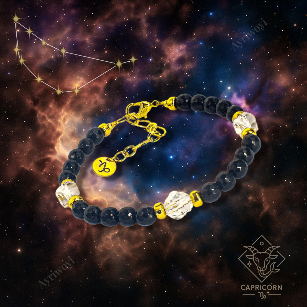 Ayriwoyi Capricorn Zodiac Bracelet Black Obsidian Clear Quartz Crystal Healing Bracelet Birthstone Beaded Bracelet Horoscope Spiritual Jewelry Gift for Men Women