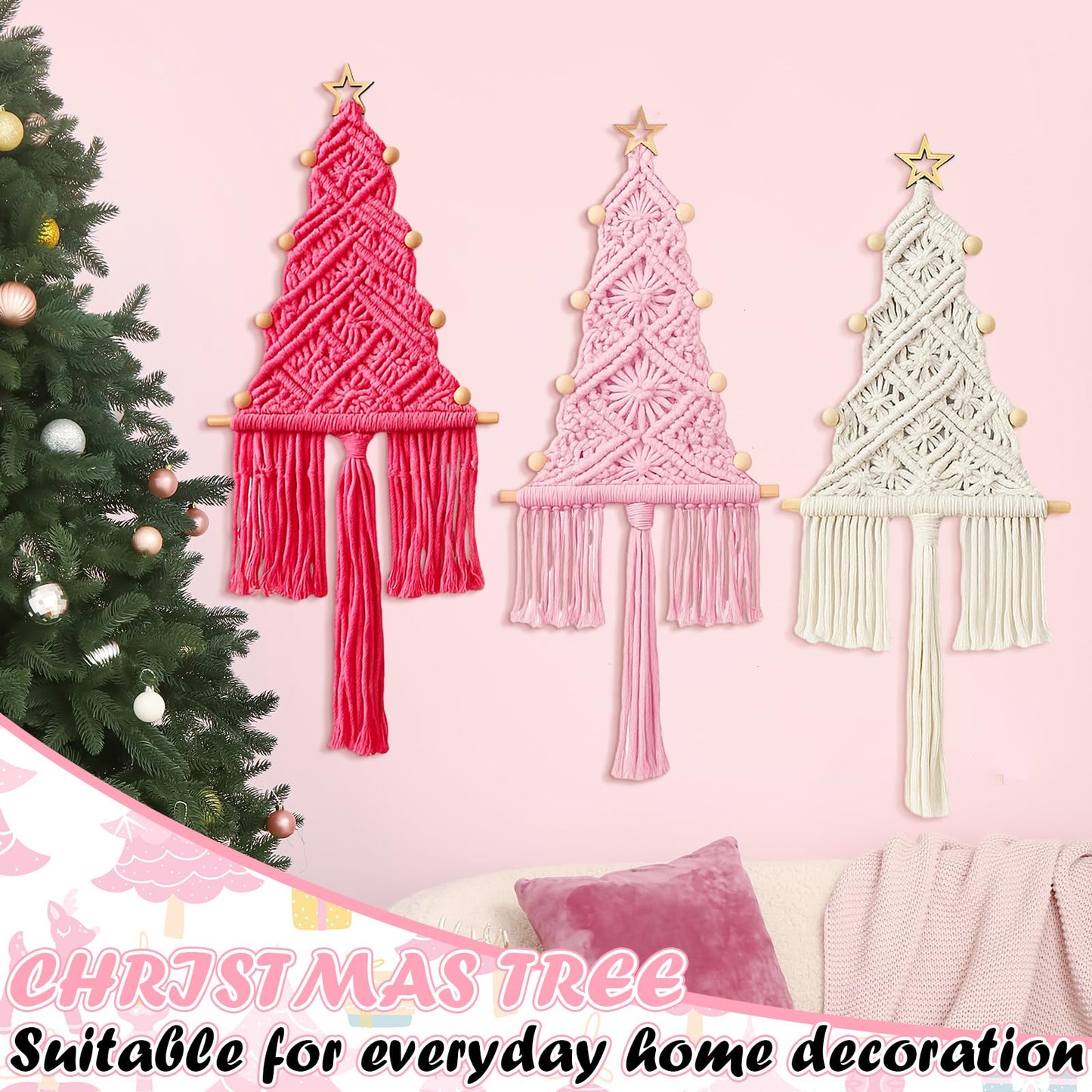 HunnmingRe Pink Christmas Tree 3 Set Macrame Christmas Wall Decoration Hanging Ornaments Boho Wall Decor for Party Supplies(Beige, Light and Dark Pink)