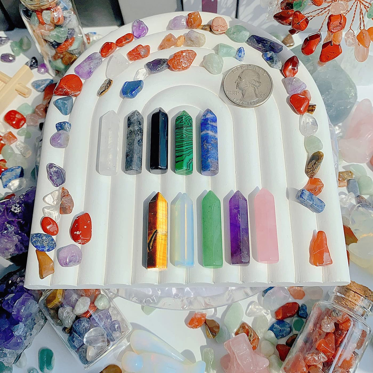 QINJIEJIE 10 PCS Healing Crystals Wands Mini Crystal Pocket Polished Tumbled Stones Rose Quartz Amethyst Assorted Bulk Natural Hexagonal Single Pointed Reiki Energy Balancing Meditation Therapy Gift