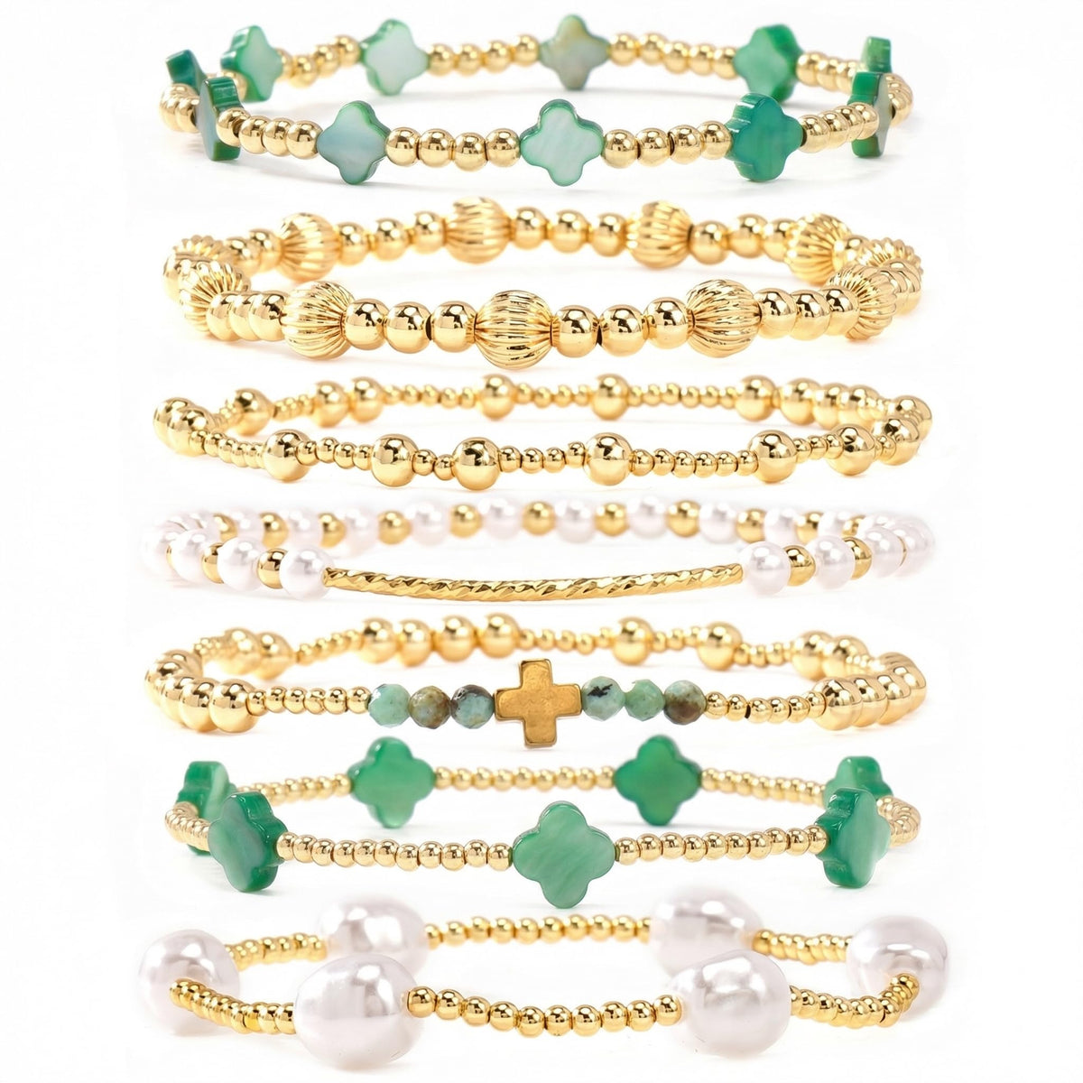 SHINUS BOHO St Patricks Day Bracelets for Women,Gold Bracelet Stack,Bohemian Green Clover Elastic Pearl Stackable Stretch Bracelet Set Fashion Festival Theme Party Saint Patricks Day Accessories Outfits Jewelry Gifts