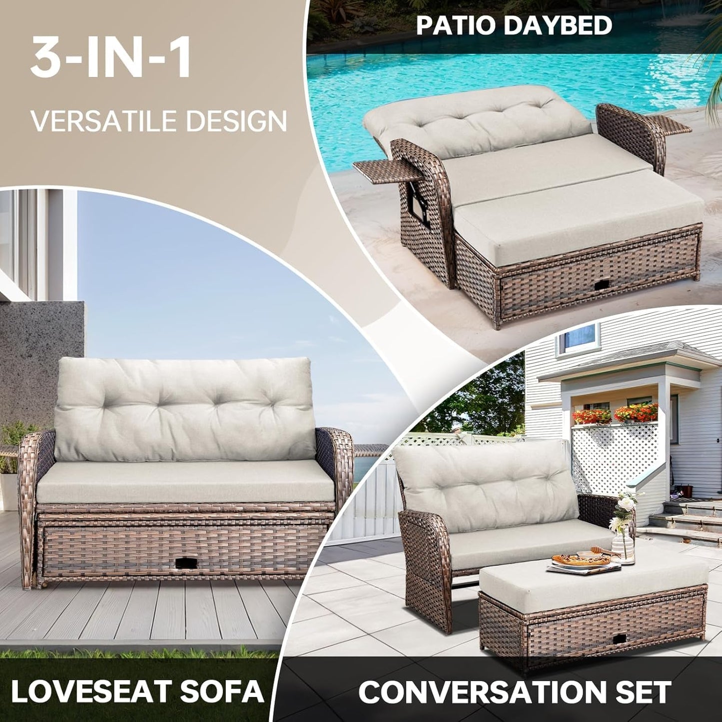 Bellefurn Outdoor Daybed, Patio Daybed Wicker Recliner for Two with Multifunctional Recliner and Stowable Side Tray, 5 Level Adjustable Backrest (Beige)