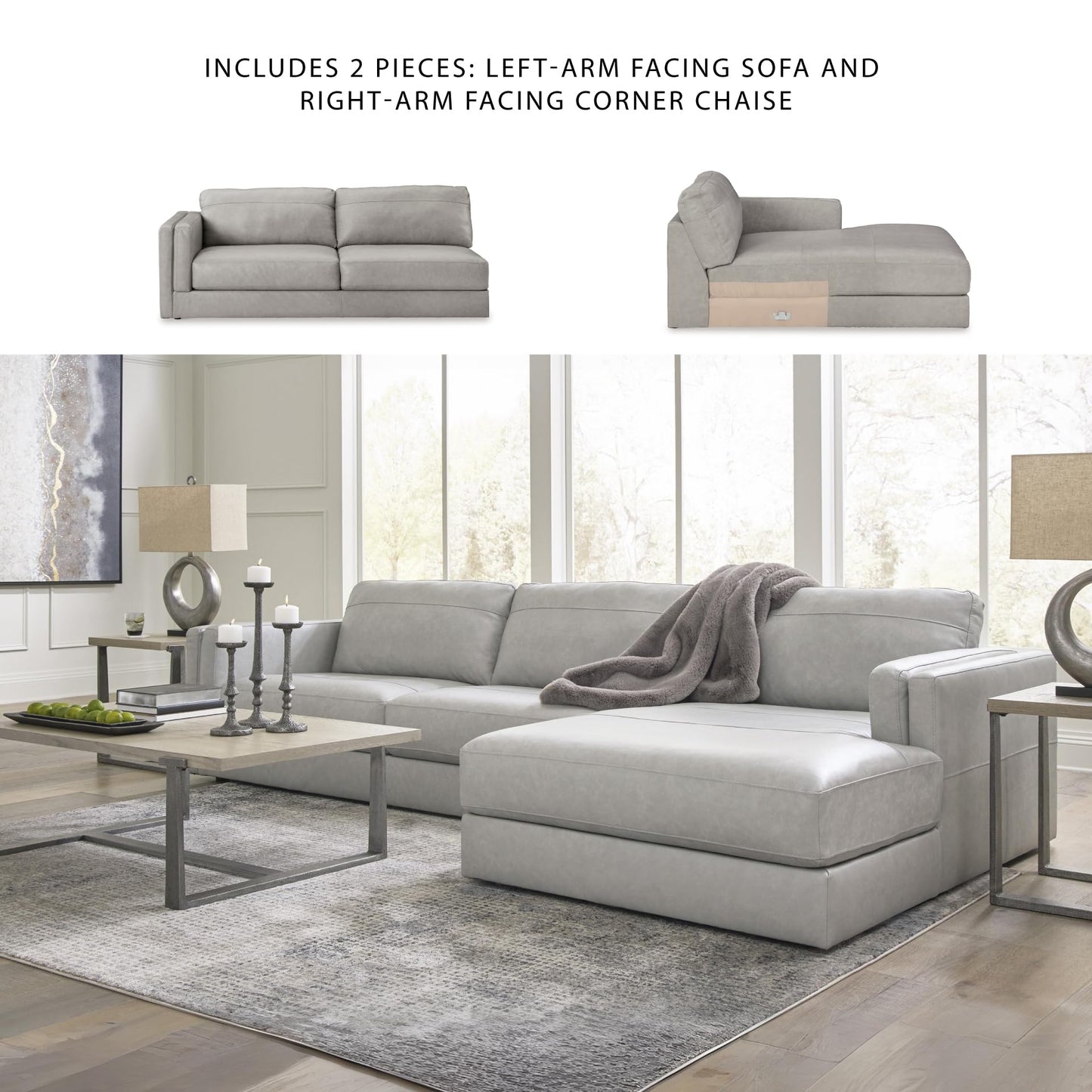 Signature Design by Ashley Amiata Modern L-Shaped Leather Match 2-Piece Sectional with Chaise, Light Gray