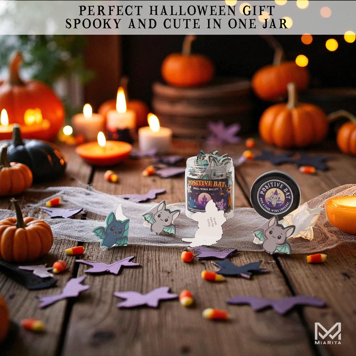 Positive Bat Jar, 60 Bat-Shaped Affirmation Cards, Cute Spooky Self Care, for Women & Teens, Halloween Basket Stuffers for Adults, Boo Basket Stuffers for Women