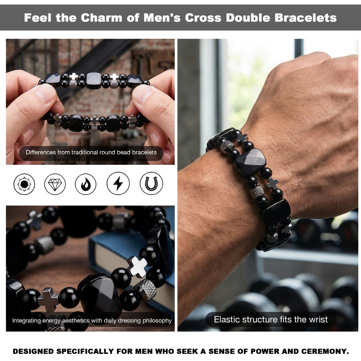 Christian Gifts for Men, Jesus Cross Bracelet for Men Handmade Double Elastic Beaded Bracelets Natural Crystal Gemstone Religious Jewelry for Boyfriend Husband Birthday Anniversary (Black Obsidian)