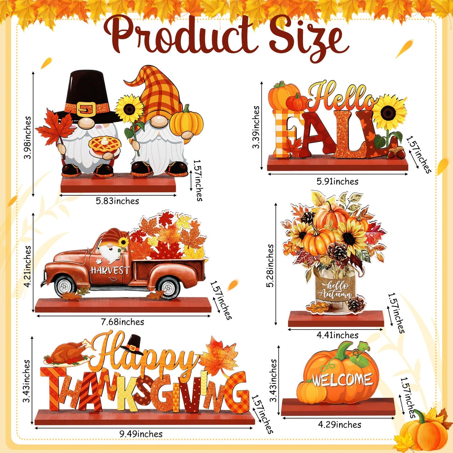 Blosssound 6 Pcs Fall Table Decorations Wooden Thanksgiving Table Signs Hello Fall Truck Gnomes Pumpkin Sunflower Centerpieces for Autumn Harvest Happy Thanksgiving Party Decor Supplies Gifts