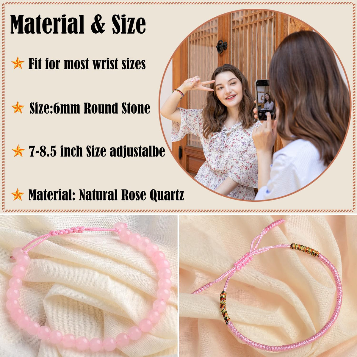 LPBeads 6mm Rose Quartz Bracelet with Handmade Rope Bracelet Size Adjustable Natural Stone Crystal Healing Bracelets Gifts for Unisex Adults