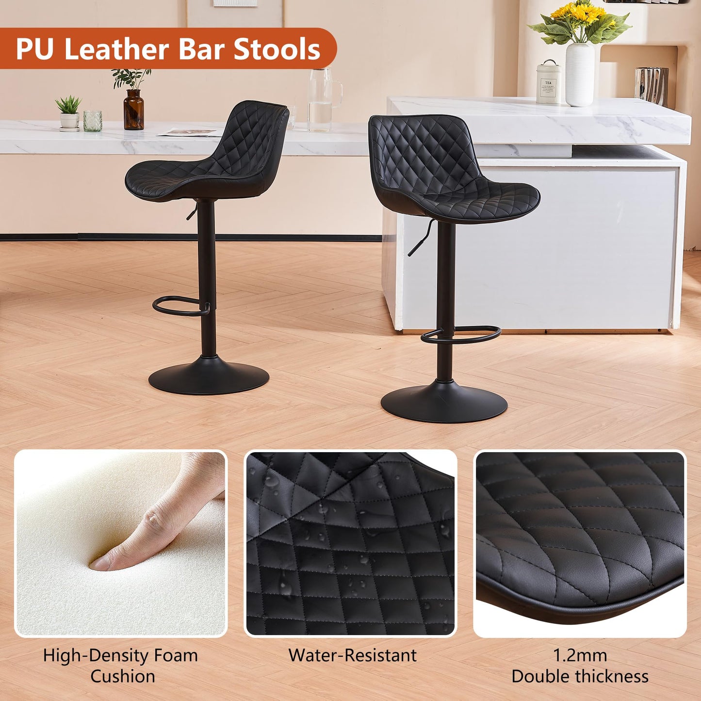 YOUTASTE Black Bar Stools Counter Height Bar Stool Set of 2 Adjustable Swivel Faux Leather Barstools with Padded Back Diamond Metal Bar Chairs for Home Kitchen Island