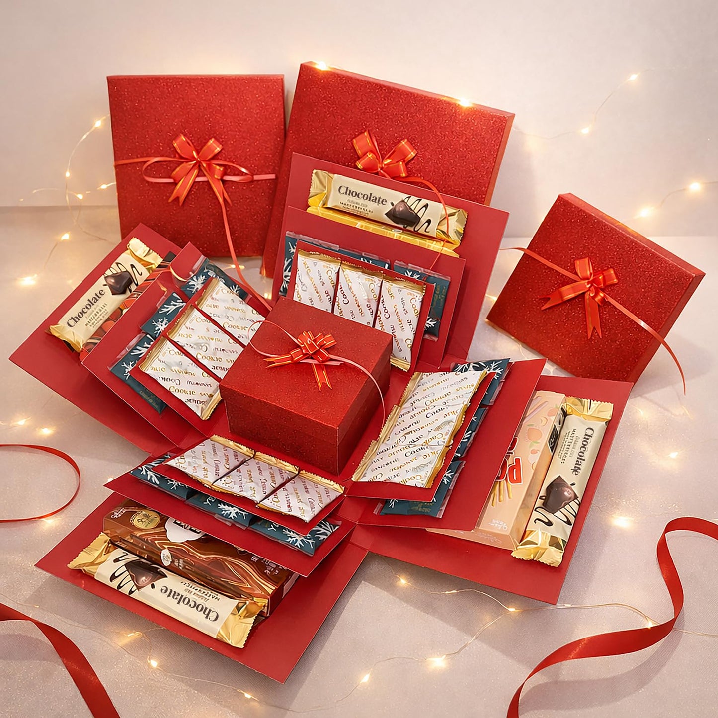 HAULKIM 4-Layer Explosion Gift Box, 10''x10''x7'' Red Glittery Creative Gift Boxes for Presents, DIY Surprise Gift Box Explosion for Birthday Easter Mother's Day and Father's Day Anniversaries (Red)