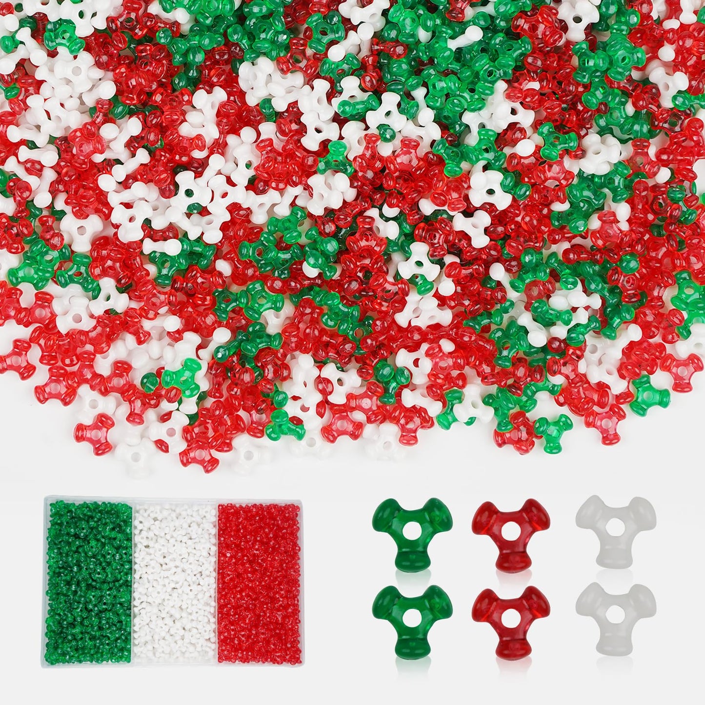 Christmas Tri Beads (1200pcs), Tri Shaped Beads Red Green White Triangle Beaded kit for Craft Wreath Xmas Holiday Tree Snowman Decorations, Candy Cane Beaded Ornament Kit, Christmas Party Decoration