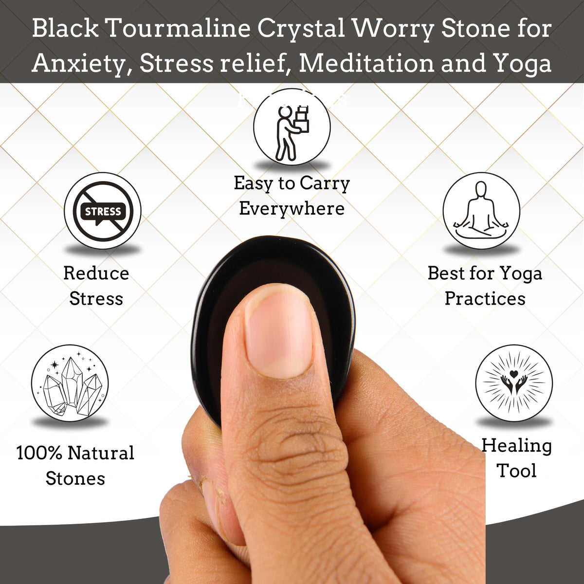 Anaya Agate Black Tourmaline Worry Stones Certified Crystal Thumb Worry Stone for Anguish, Relaxing and Soothing Balance Stones for Meditation, Stress Relief Crystals and Healing Stones for Men, Women
