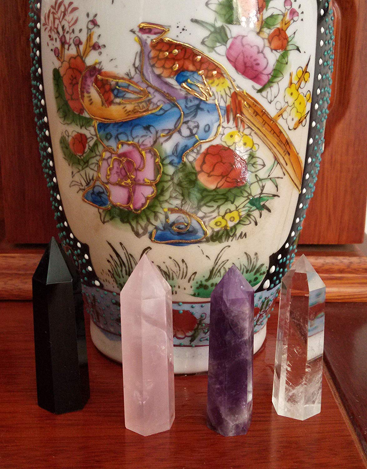 Luckeeper Healing Crystal Wands,2" Amethyst Crystal, Rose Quartz,Clear Quartz and Black Obsidian，6 Faceted Reiki Chakra Stones 4 pcs