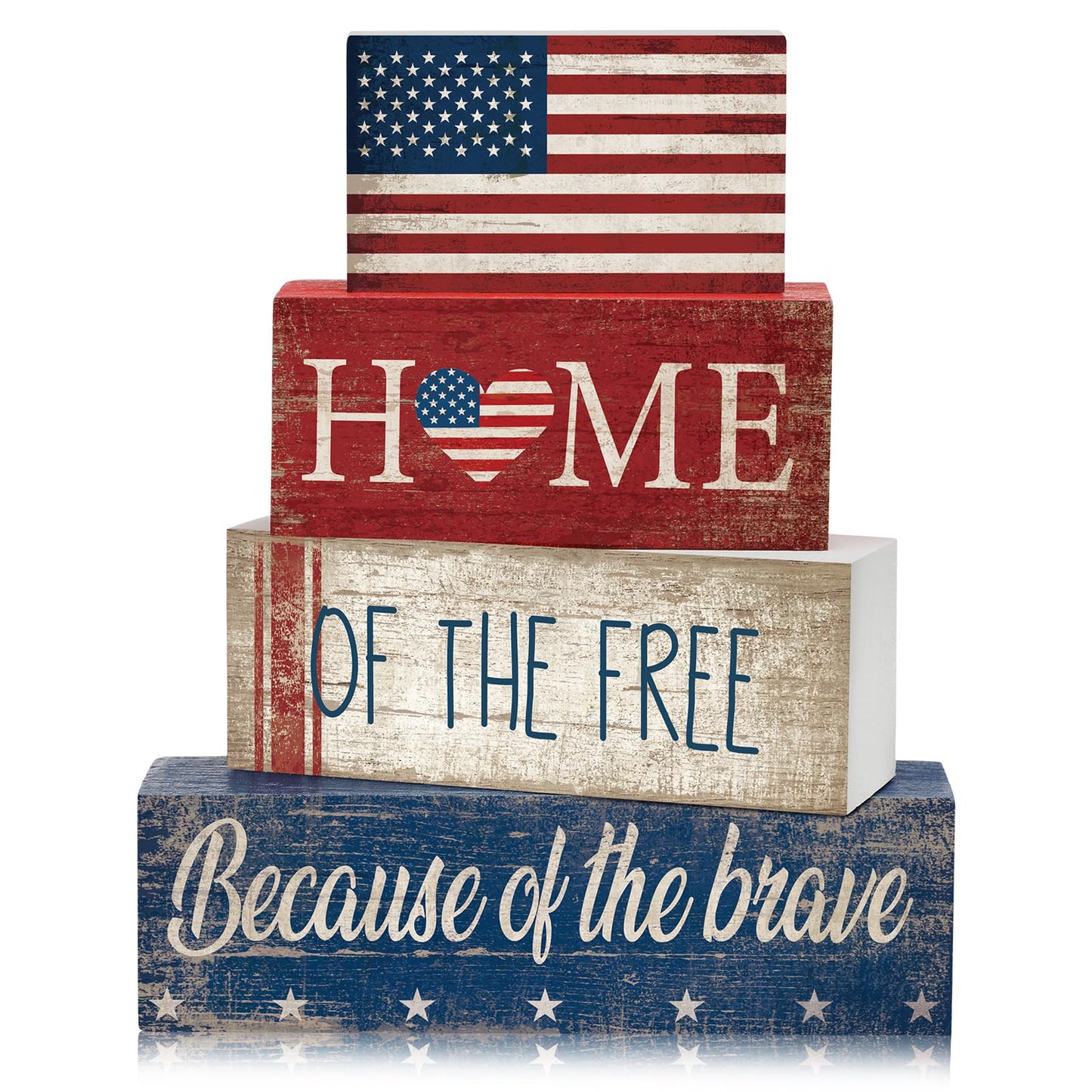 CroBlissful 4 Pcs 4th of July Decorations Patriotic Memorial Day Tabletop Decorations Red White Blue Table Centerpieces Sign for Office Tiered Tray Home Shelf 250th Anniversary(Flag)