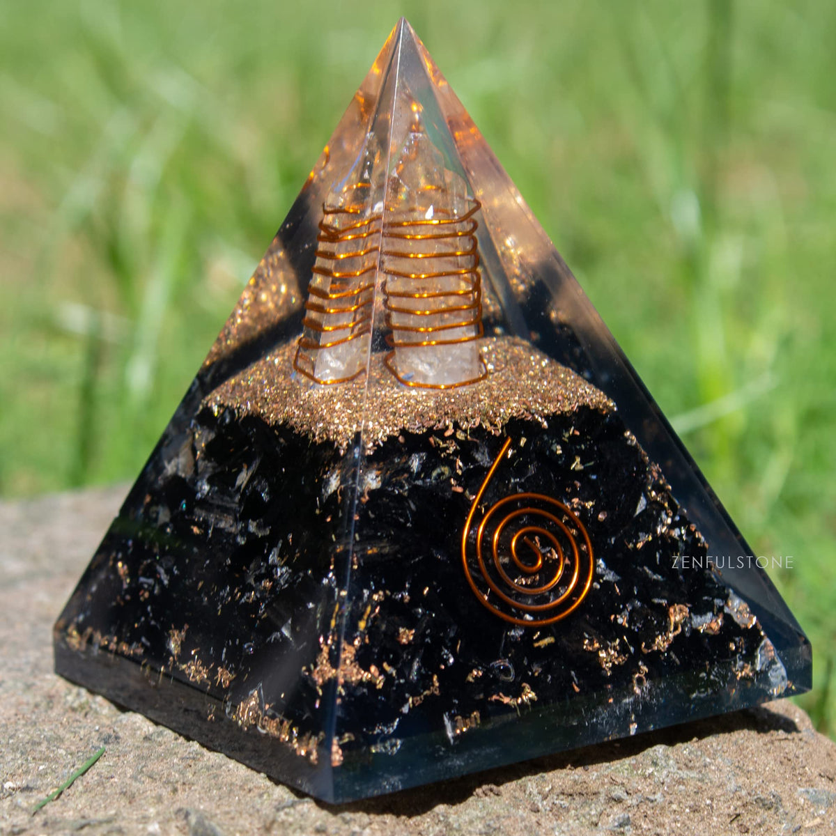 Black Tourmaline Orgone Pyramid for Protection & Security | Orgonite pyramids with Copper Coil and Crystal Quartz for Chakra Protection