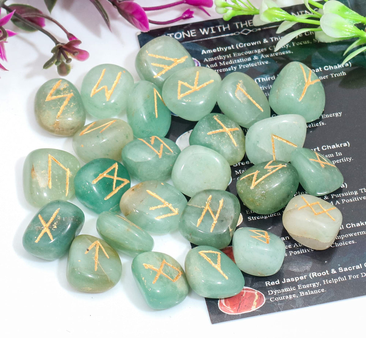 Crocon Green jade Gemstone Rune Stone with Elder Futhark Alphabet Engraved Symbol 25 pcs Set for Feng Shui Reiki Crystal Healing Chakra Balancing Metaphysical Decor Size: 15-25 mm