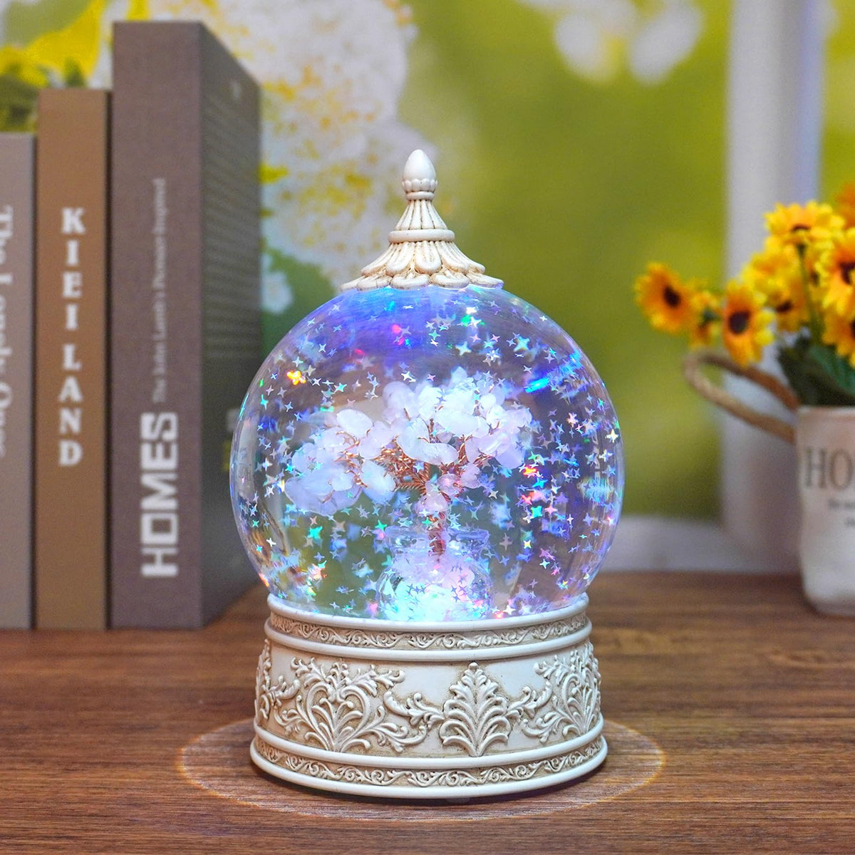 Rose Quartz Healing Crystal Tree Globe with Colorful Lights Sparkling Glitter, Natural Gemstone Base, Spiritual Meditation, Positive Energy Good Luck, Home Decor, Birthday Gifts (Rose Quartz)