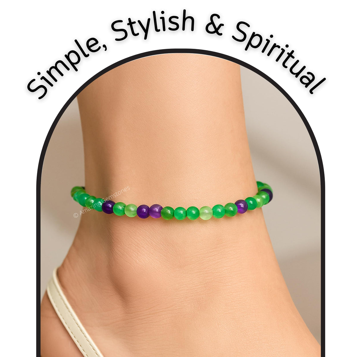 Amazing Gemstone Multi Fluorite Anklet Ankle Bracelets for Women - Waterproof Beaded Healing Crystal Anklets, Plus Size Chakra Gemstone Bead Anklet (Stretchy Adjustable - Plain)
