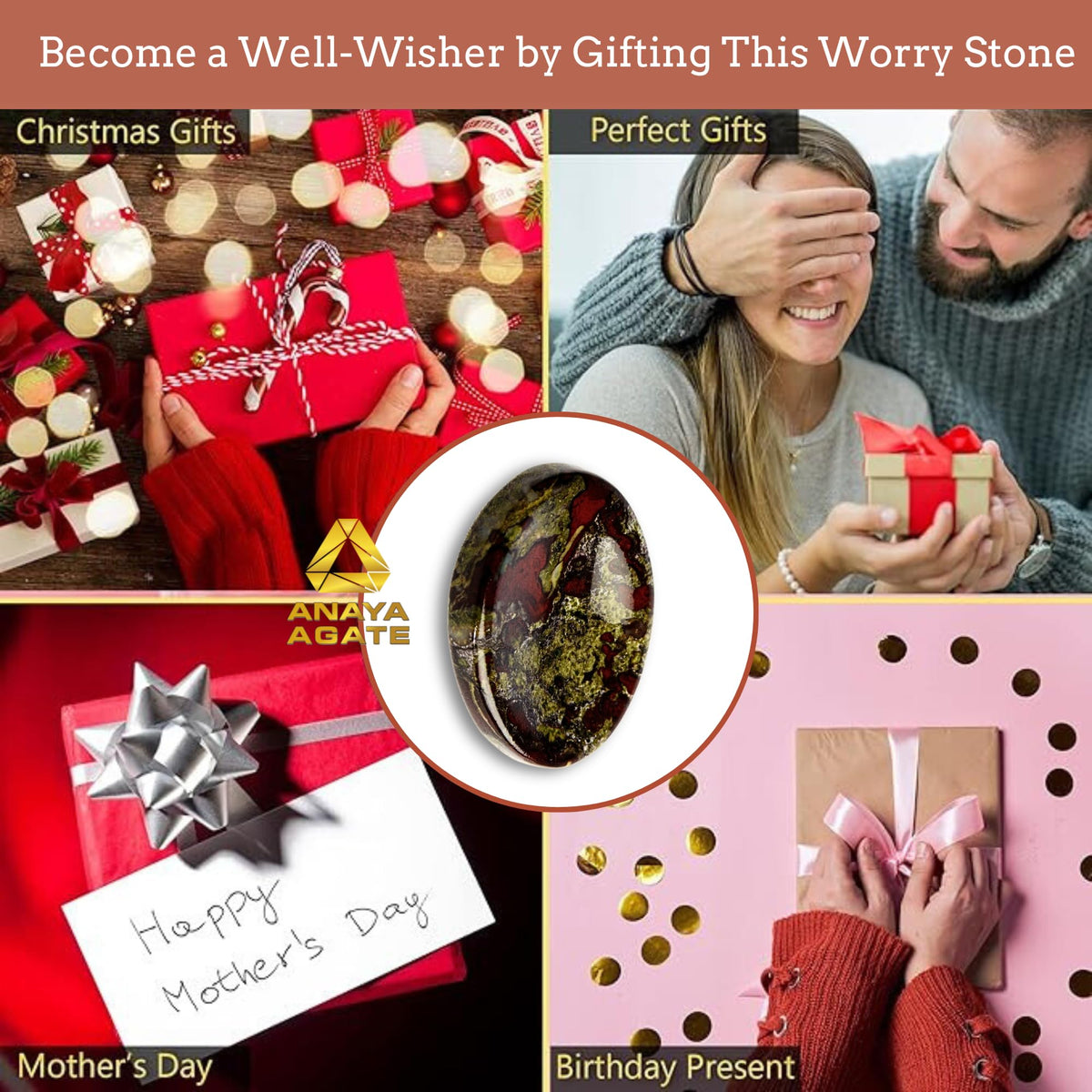 Anaya Agate Dragon Bloodstone Worry Stones Certified Crystal Thumb Worry Stone for Anguish, Relaxing and Soothing Balance Stones for Meditation Stress Relief Crystals and Healing Stones for Men, Women