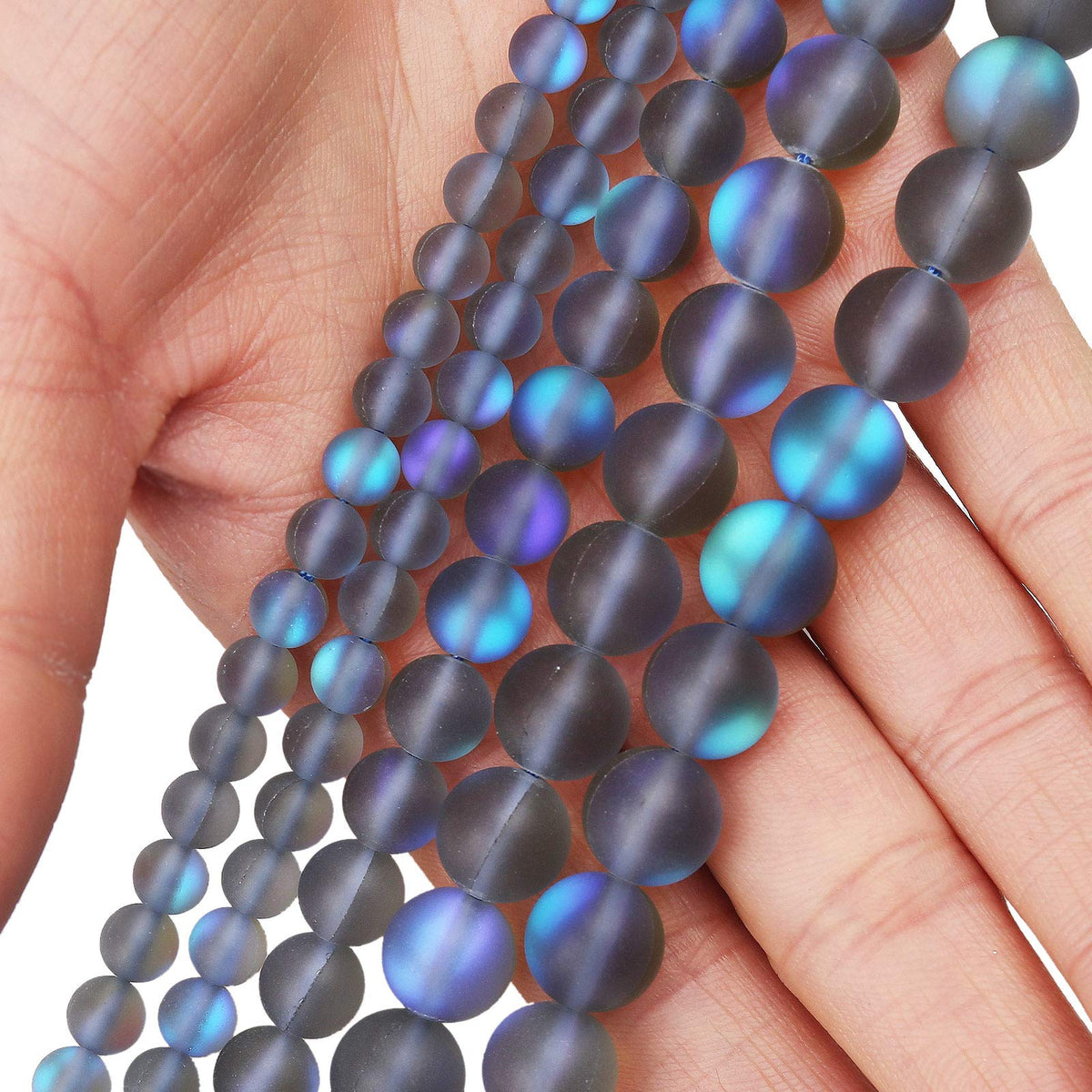 Matte Gray Aurora Crystal Glass Beads, 8MM Frosted Glitter Shining Mermaid Round Loose Beads, Rainbow Holographic Synthetic Moonstone for Jewelry Making DIY Bracelet