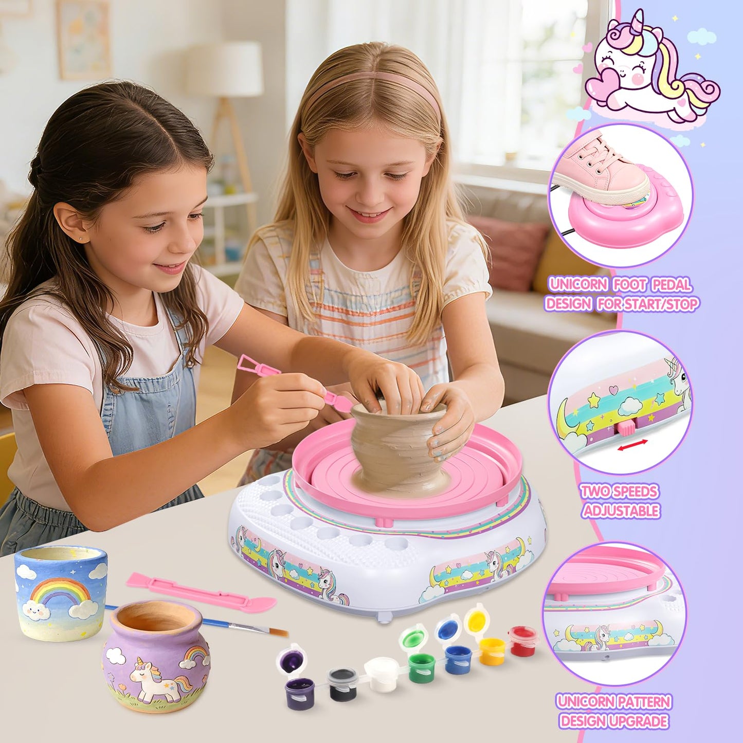 Pottery Wheel for Kids Complete DIY Pottery Painting Kit, Arts and Crafts for Kids Ages 8-12 with 3 Air-Dry Clay Packs and Tools, Unicorn Art Supplies Toys Birthday Gift for Boys Girls 6+ Years Old