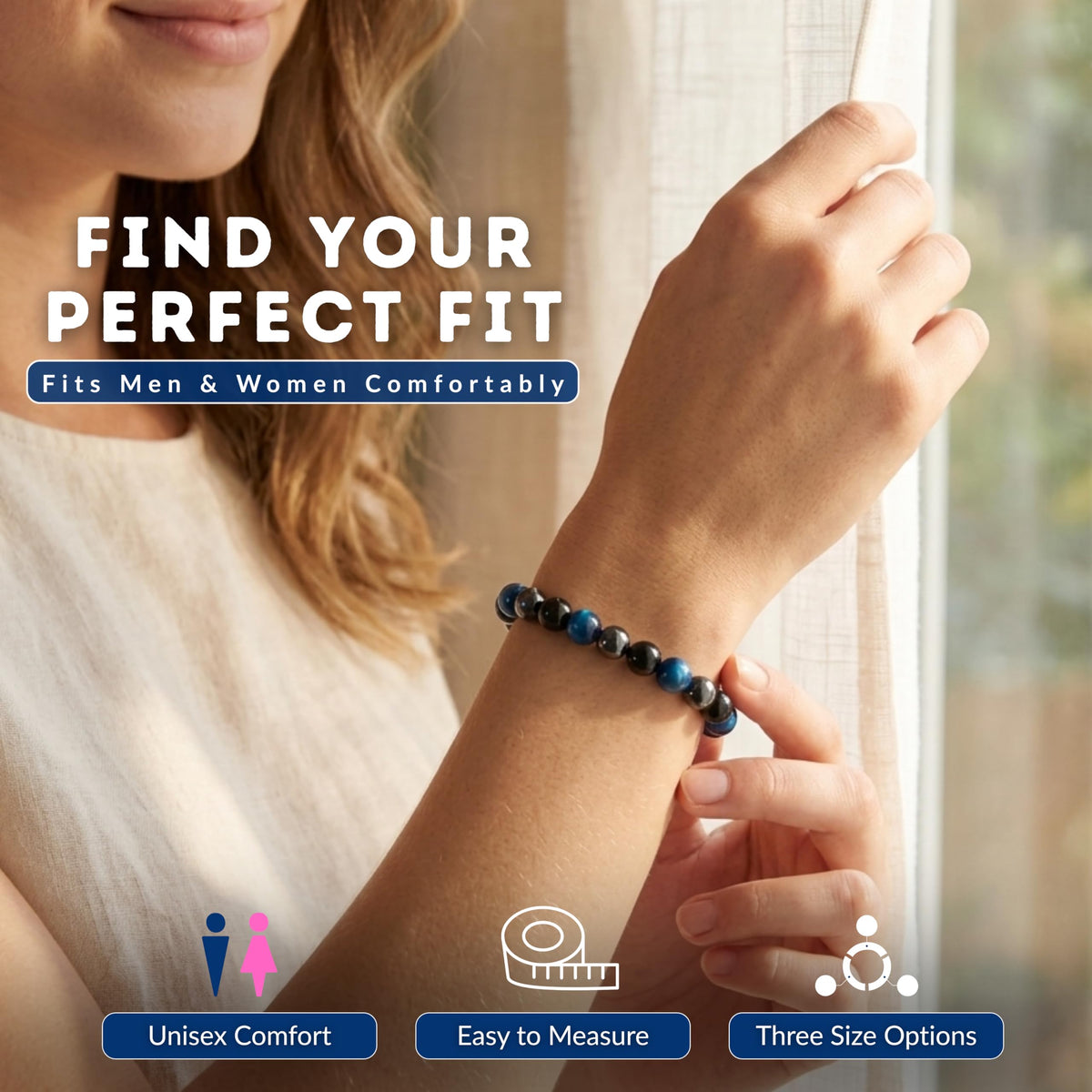 Cherry Tree Collection Triple Protection Blue Beaded Bracelet – Genuine 8mm Gemstone Stretch Bracelet for Men & Women – Handmade Crystal Bracelet - (Triple Protection Blue - M)
